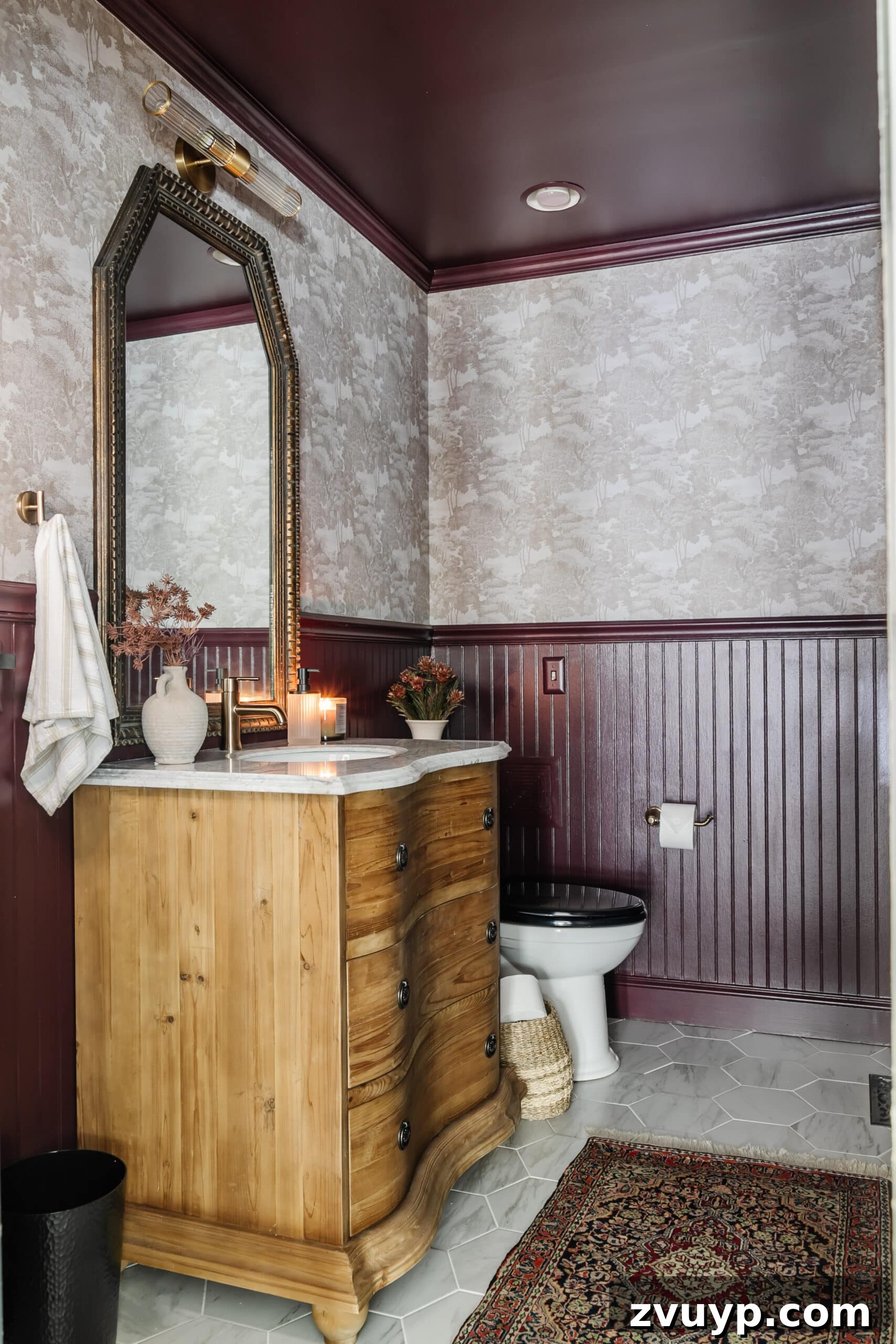 Brightening Up a Windowless Powder Room: DIY Style 14 windowless small powder room with vintage dresser vanity and marble hexagon floors