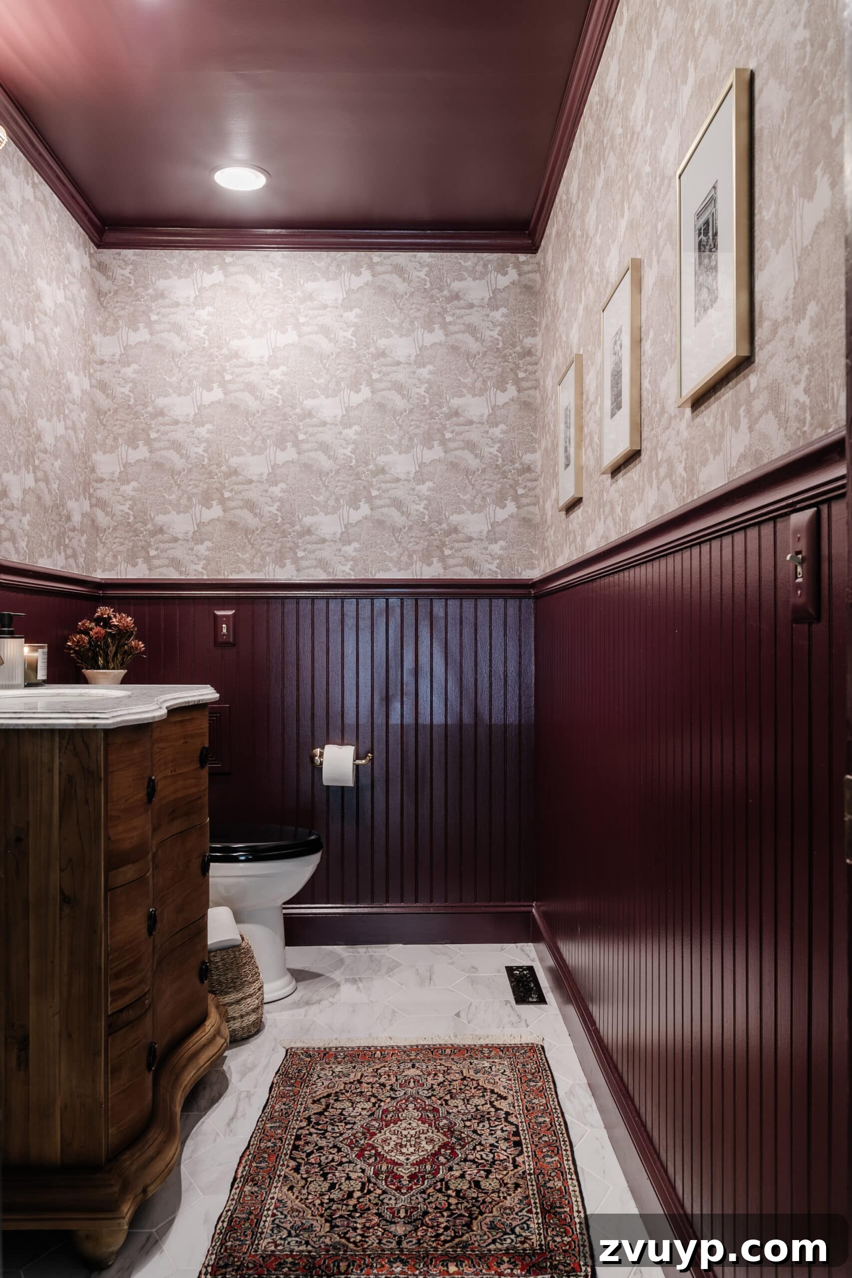 Brightening Up a Windowless Powder Room: DIY Style 5 small windowless bathroom painted Farrow and Ball Brinjal with Rebel Walls Saint Sebastian wallpaper