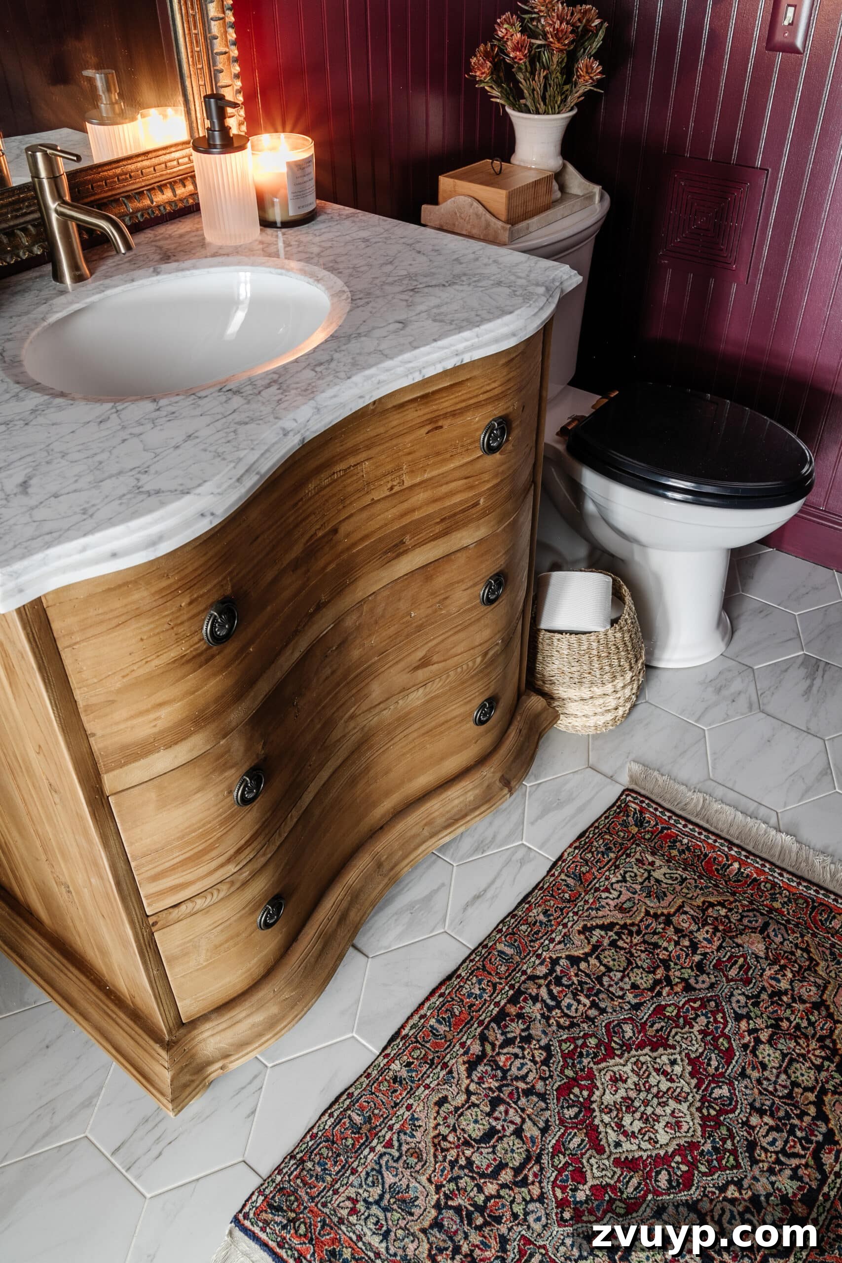 Brightening Up a Windowless Powder Room: DIY Style 7 half bath makeover with a vintage rug as design inspiration