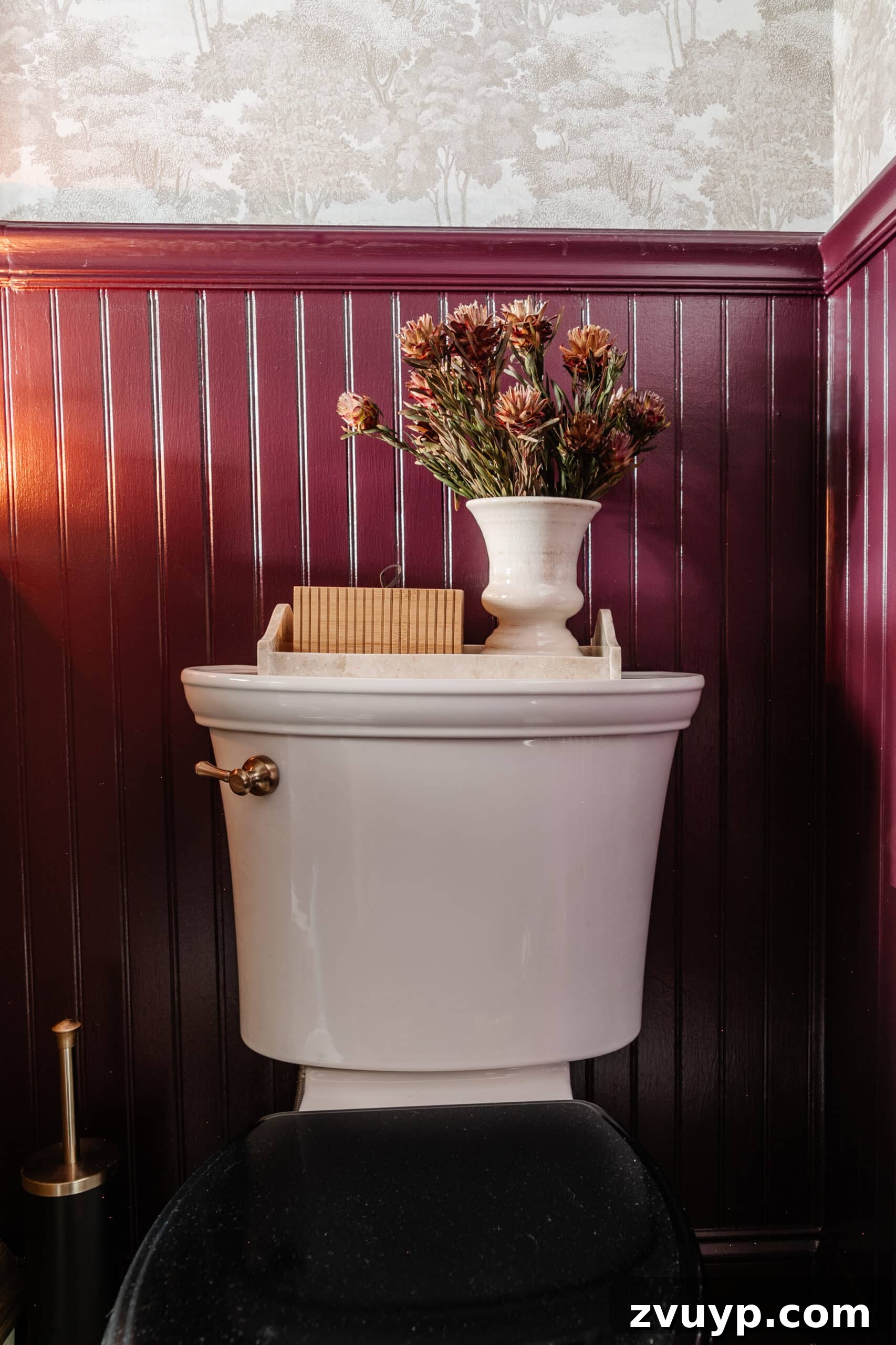 Brightening Up a Windowless Powder Room: DIY Style 10 Vintage black toilet lid and back of toilet decor
