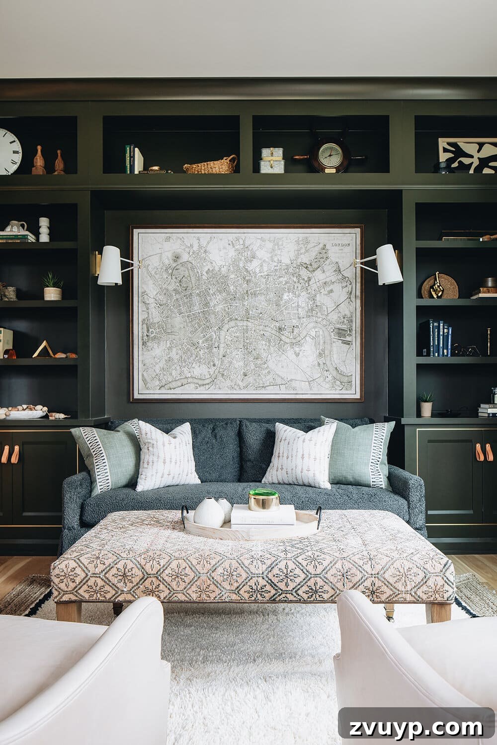 Your Next Media Room Makeover: Smart Storage for a Clutter-Free Entertainment Hub 5 An elegant media room where a comfortable sofa is nestled between two expansive built-in shelving units, showcasing integrated lighting and thoughtful display of decor, enhancing the room's sophistication.