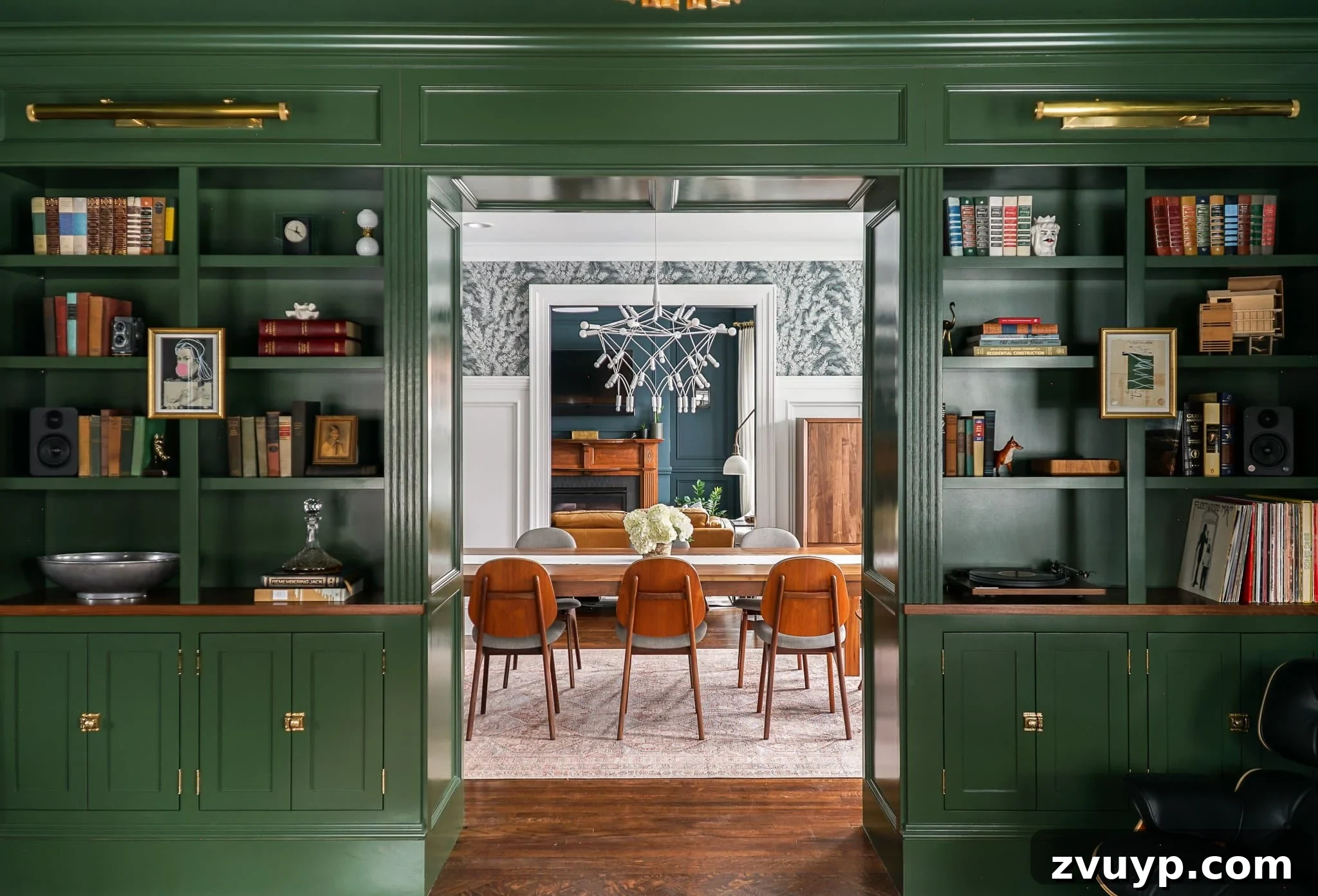 Your Next Media Room Makeover: Smart Storage for a Clutter-Free Entertainment Hub 7 A contemporary interior showcasing shelves built on either side of a wide doorway, with integrated lighting, creating a refined look while offering functional storage in a modern living space.