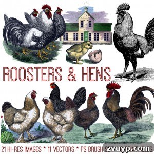 Nostalgic Heirloom Easter Graphics Kit 7 Roosters and Hens Image Kit