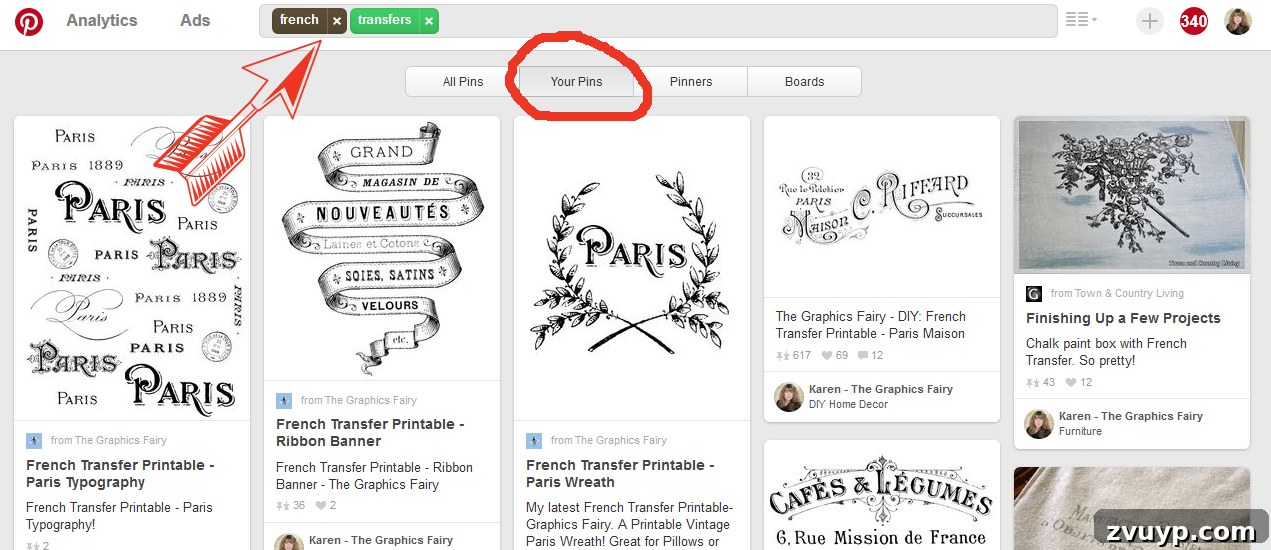 Graphics Fairy Image Flow: Organize for Seamless Creativity 12 Screenshot of Pinterest search results filtered by 'Your Pins'