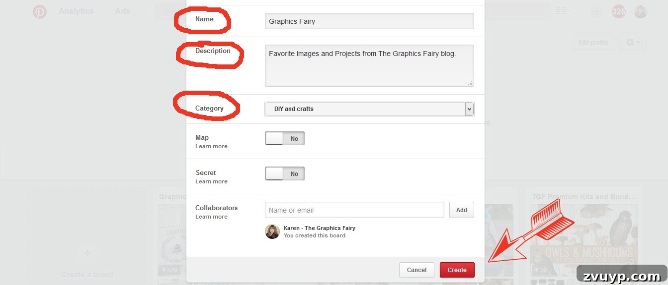 Graphics Fairy Image Flow: Organize for Seamless Creativity 4 Screenshot of Pinterest board creation details