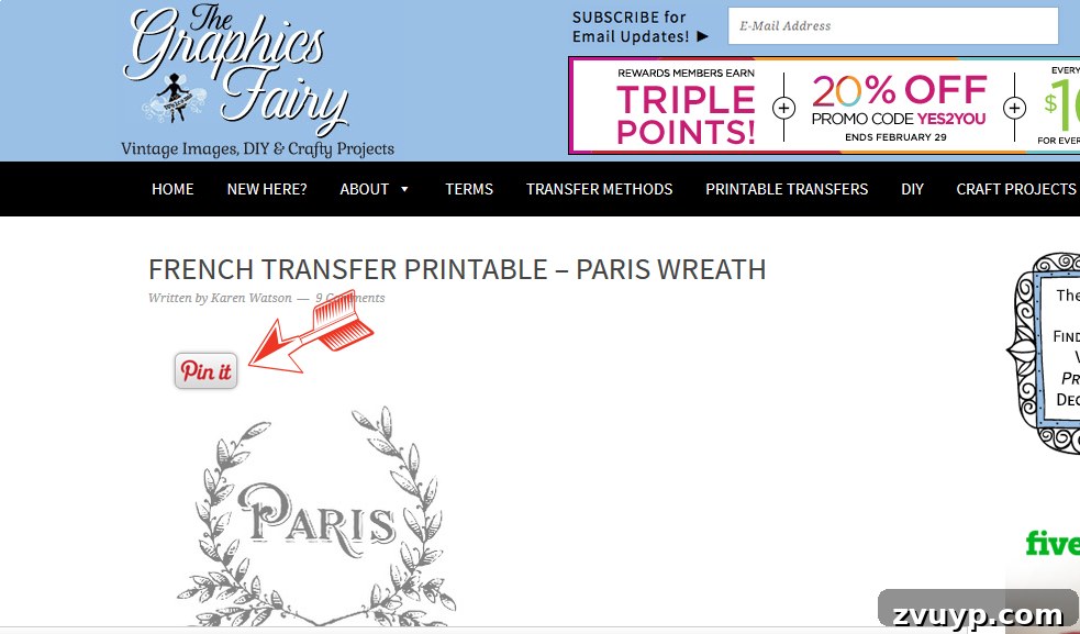Graphics Fairy Image Flow: Organize for Seamless Creativity 5 Screenshot of a Paris wreath image with Pinterest Pin button