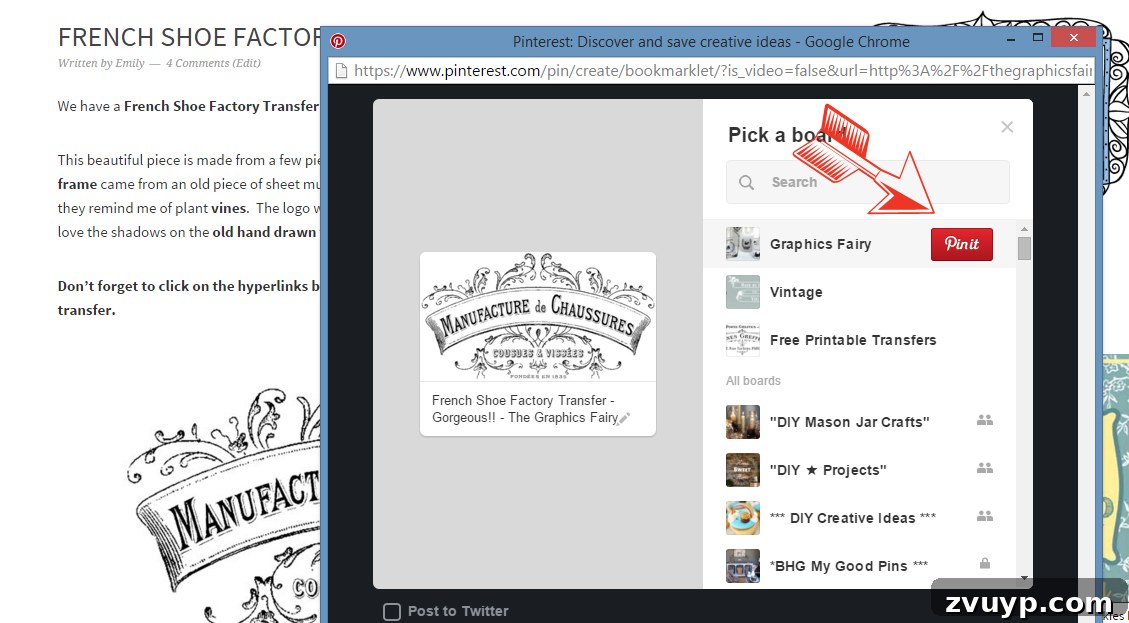 Graphics Fairy Image Flow: Organize for Seamless Creativity 8 Screenshot of selecting Graphics Fairy board for pinning
