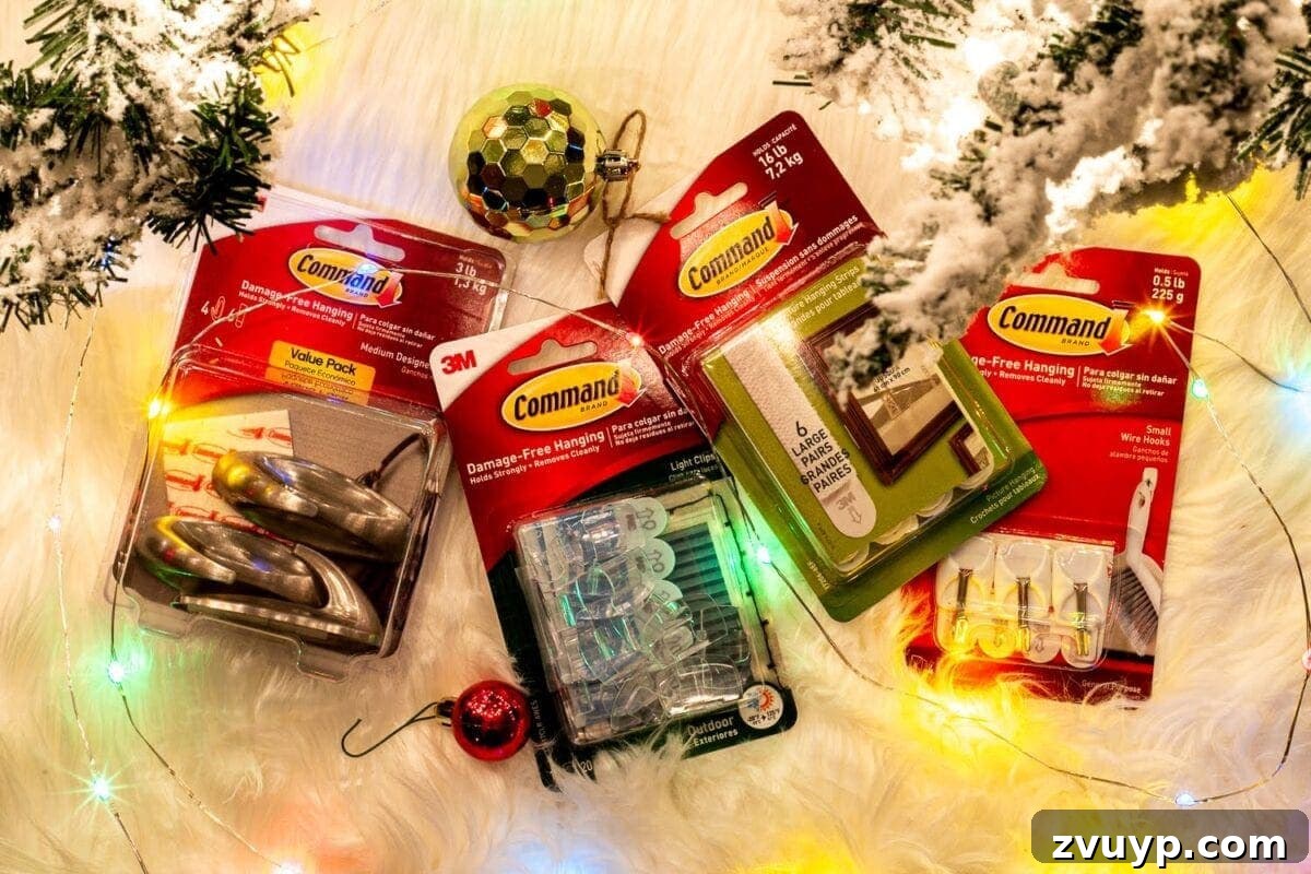 Craft Your Own Stunning Christmas Mantel Garland 5 Command hooks are shown securely attached to the top of a mantel, ready for Christmas garland installation.