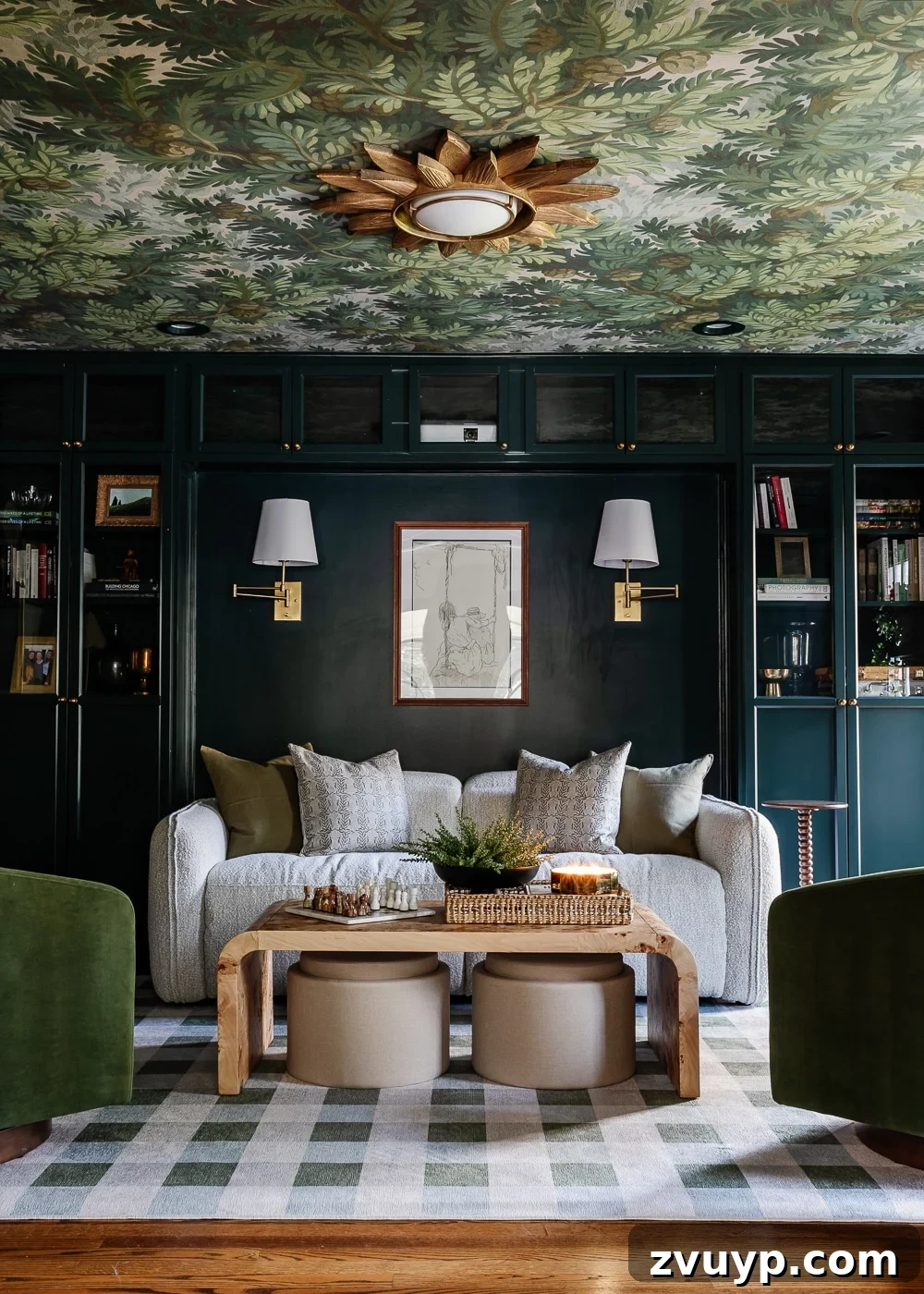 Affordable DIY Media Room Transformation 12 Media room featuring bookshelves painted in Sherwin Williams Cascades, a Rebel Walls Spruce Forest wallpaper ceiling, and a gingham washable Ruggable rug