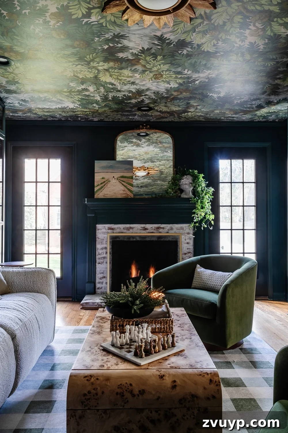 Affordable DIY Media Room Transformation 13 Modern traditional media room fireplace with limewashed brick contrasting dark walls, showcasing thoughtful decor