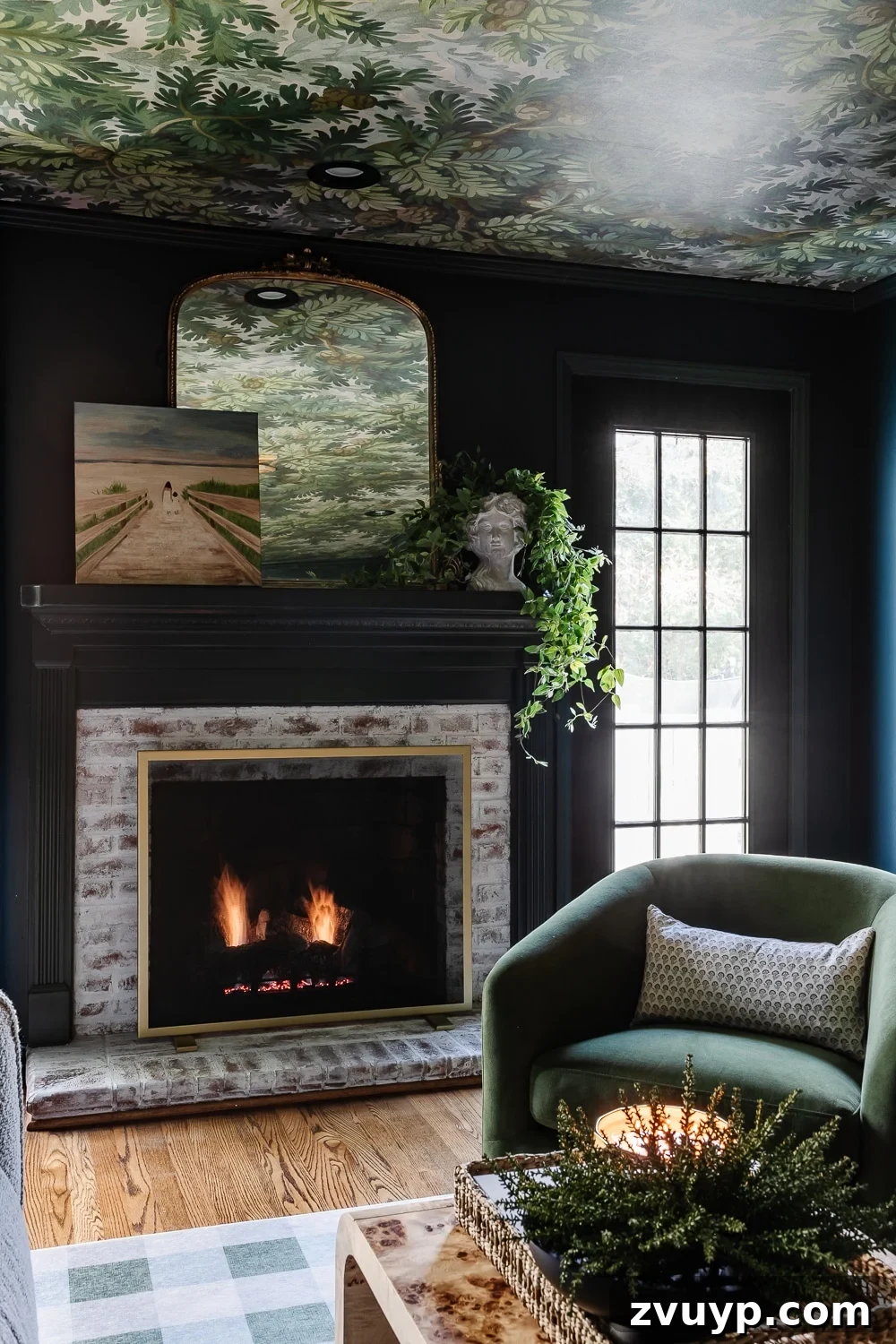 Affordable DIY Media Room Transformation 14 Modern traditional media room fireplace with limewashed brick, a comfortable swivel chair, and carefully selected decor