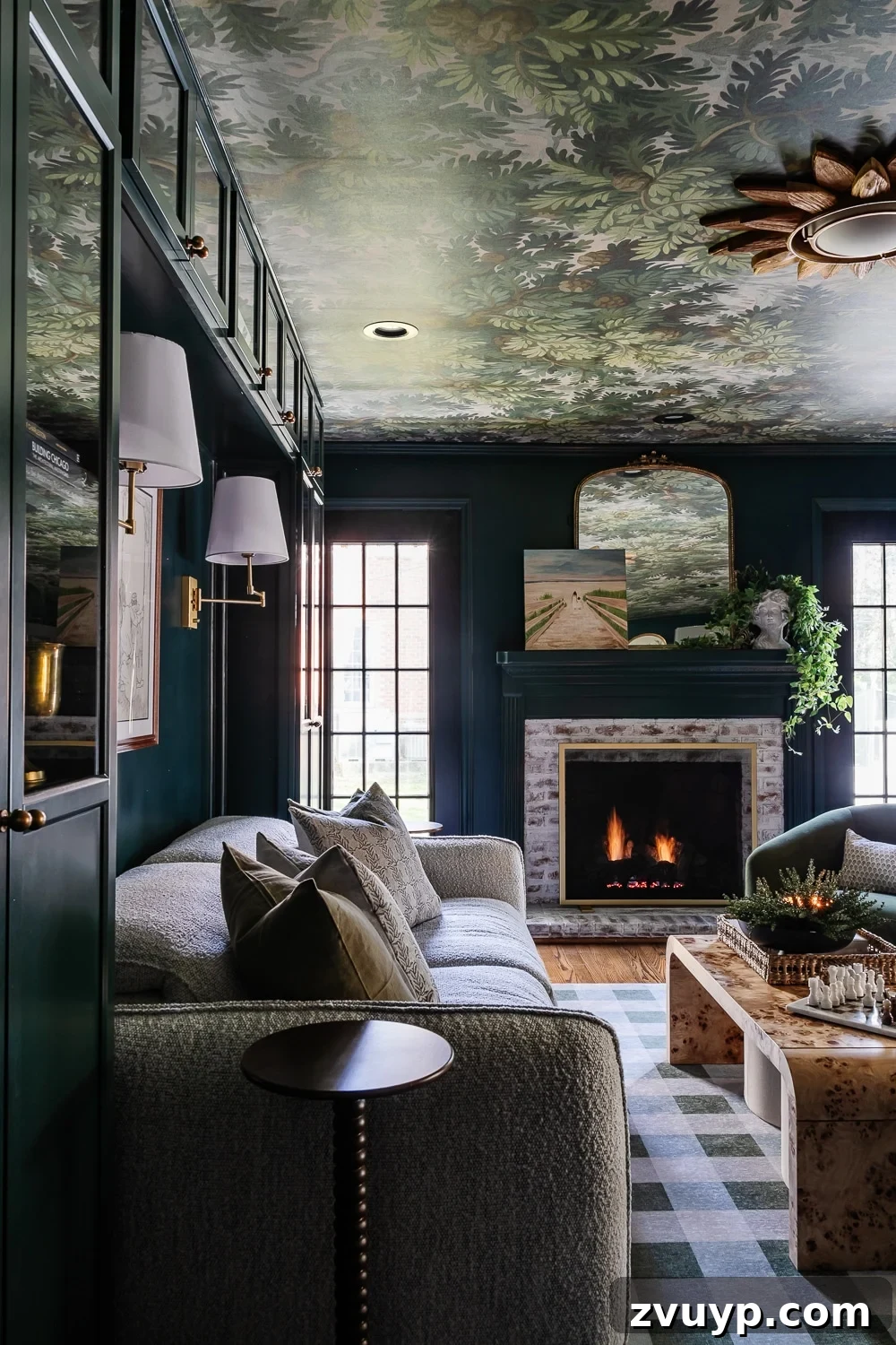 Affordable DIY Media Room Transformation 20 Modern traditional home theater room with fireplace painted Sherwin Williams Cascades, highlighting the overall ambiance