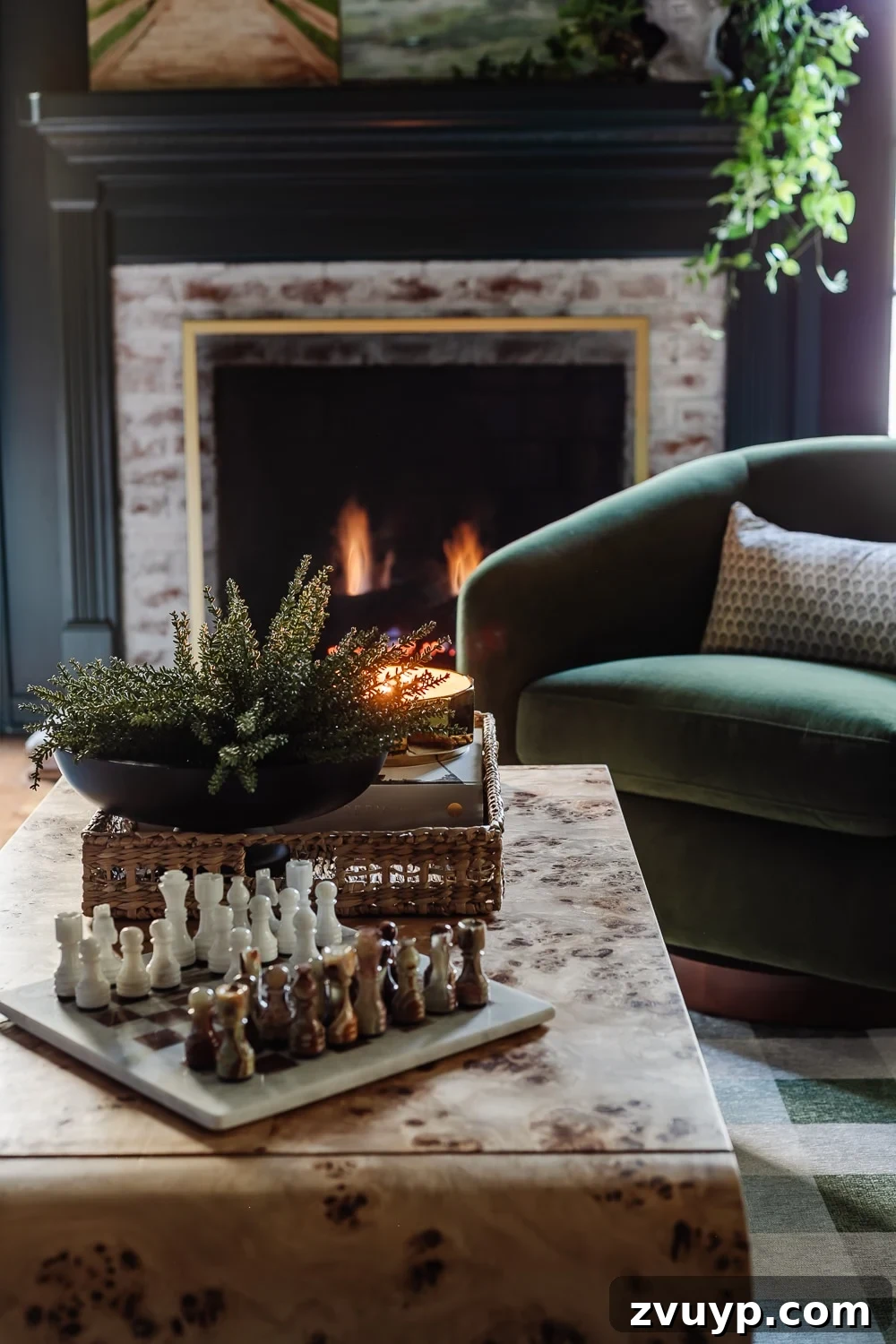 Affordable DIY Media Room Transformation 21 Media room coffee table decor with a chess set and tray in front of the fireplace, flanked by swivel chairs