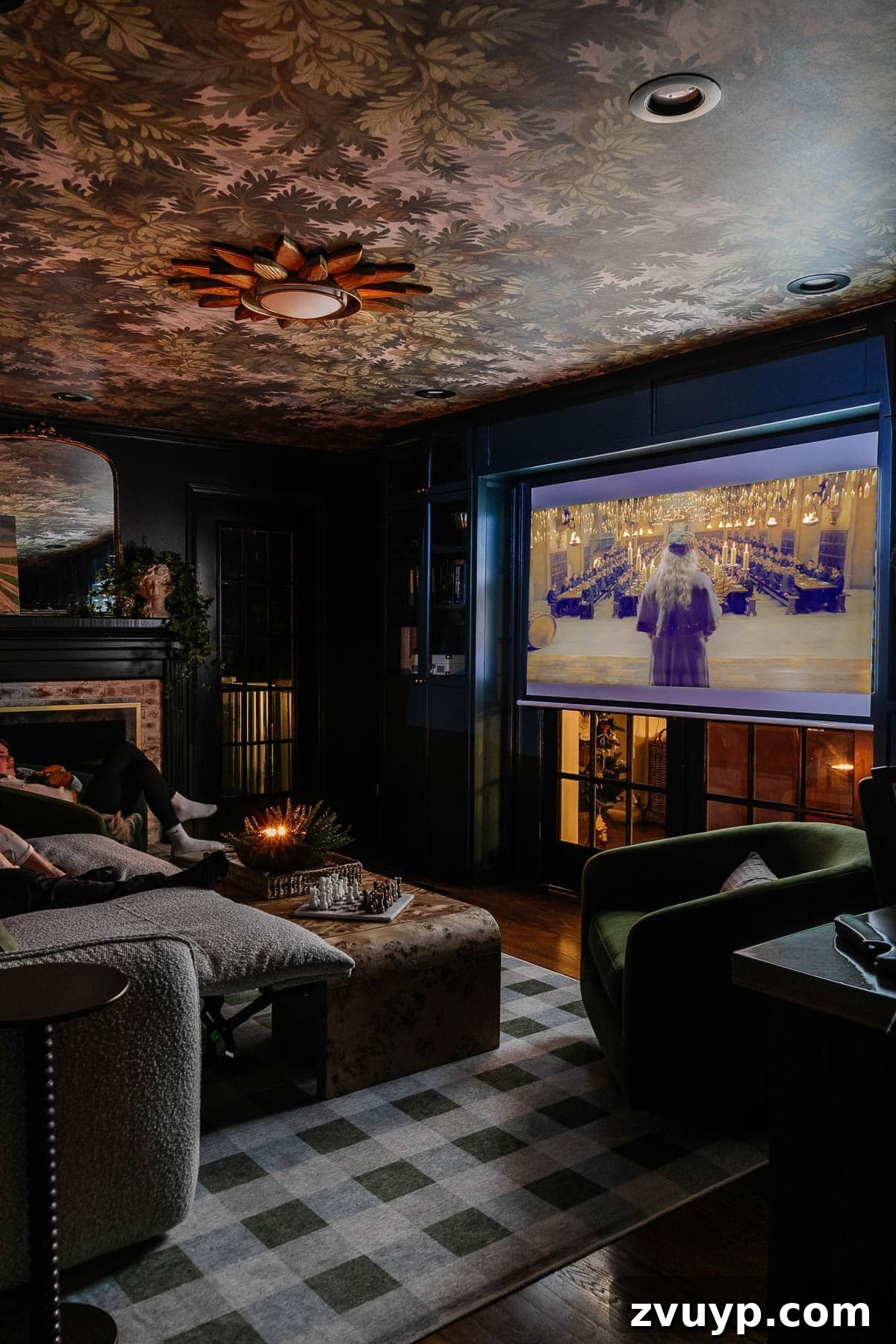 Affordable DIY Media Room Transformation 24 Harry Potter movie playing on the home theater room screen, highlighting the immersive experience