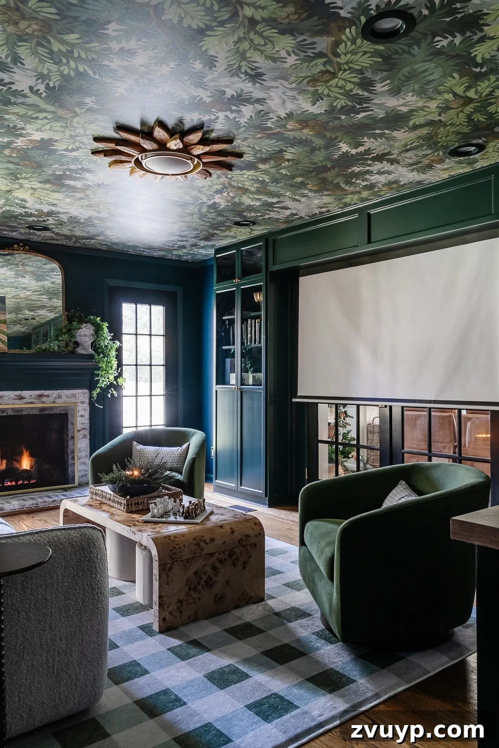 Affordable DIY Media Room Transformation 4 Hidden motorized movie screen descending over French doors in a beautifully designed DIY home theater room