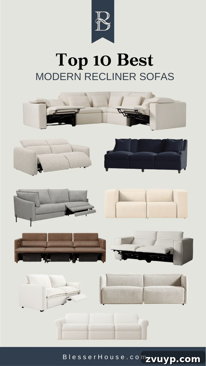 Stylish Comfort: The 10 Best Modern Reclining Sofas for 2024 3 A curated collage showcasing the top 10 best reclining sofas with modern style, highlighting sleek designs and contemporary aesthetics.