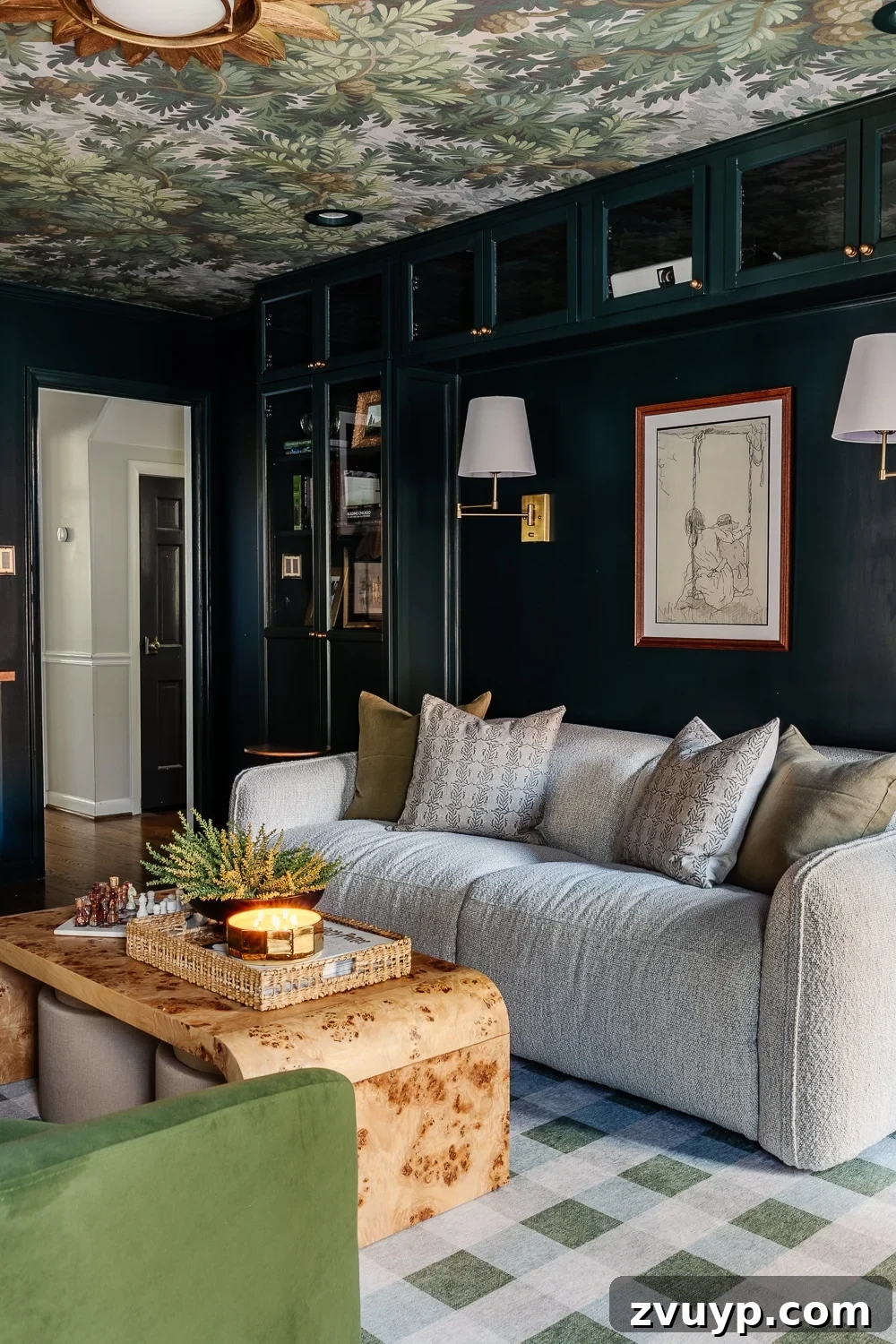 Stylish Comfort: The 10 Best Modern Reclining Sofas for 2024 4 A cozy media room featuring a modern boucle recliner couch, complemented by a chic gingham rug and a rustic burl coffee table.