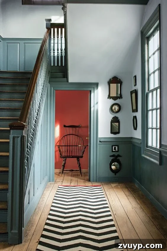 Stunning Contrast Trim Paint Ideas 16 benjamin moore williamsburg wythe blue contrast trim in stairway and hallway