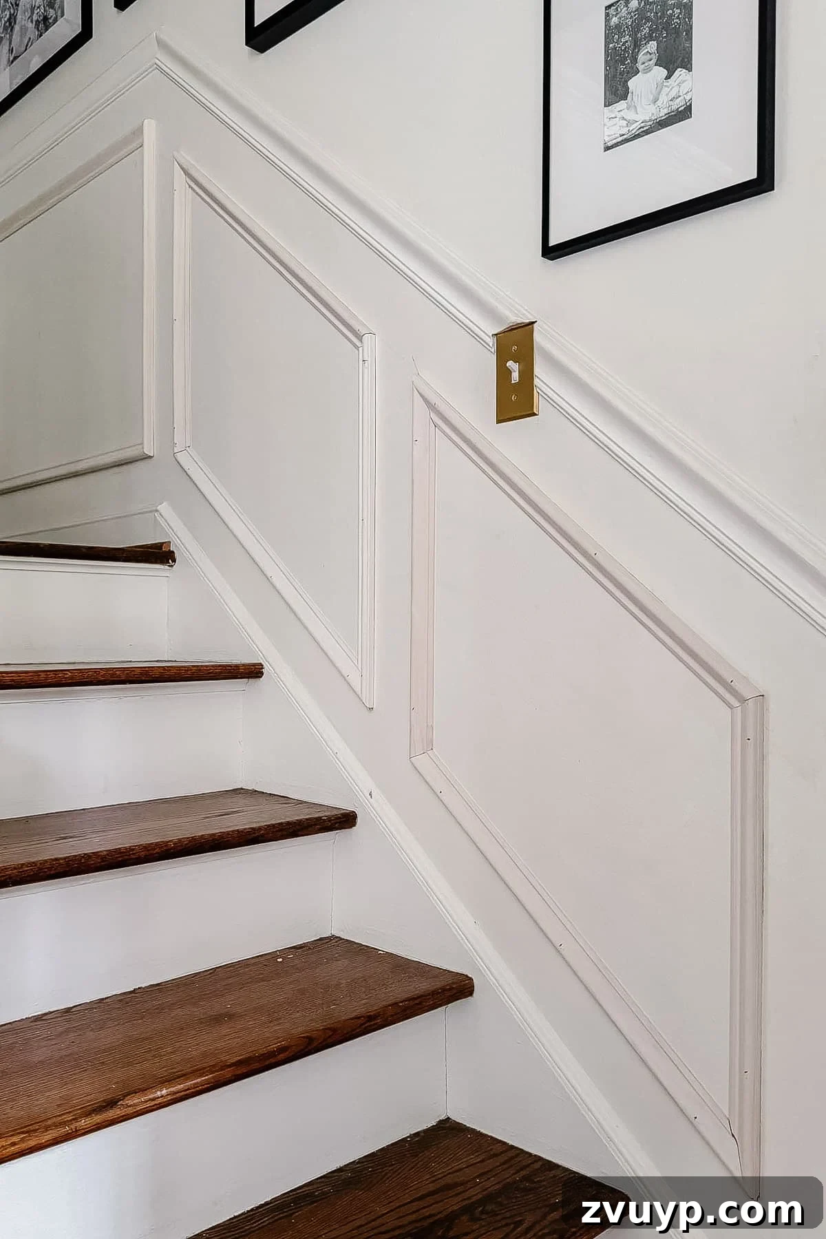 Transform Your Stairs: Effortless DIY Wainscoting Guide 3 Detailed view of DIY wainscoting installation on stairs
