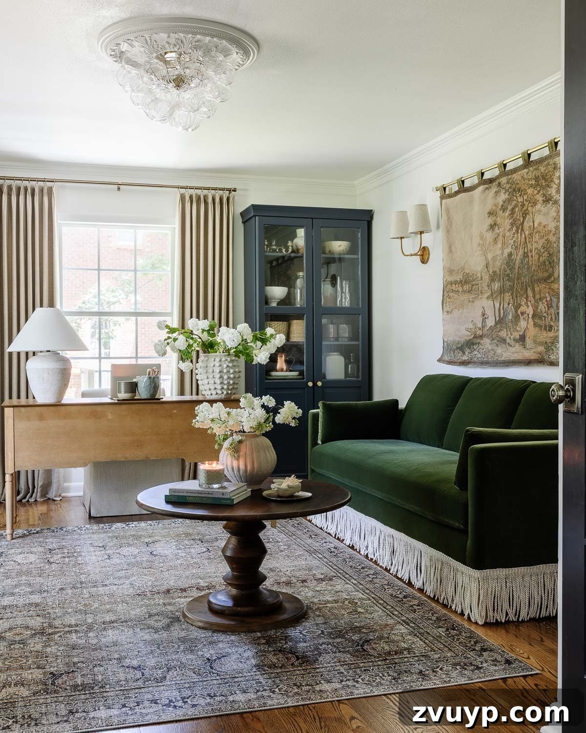 Power Up Your Productivity: Smart Home Office Layouts 13 Elegant home office layout with a comfortable sofa and a functional desk, ideal for client interactions or focused individual work.