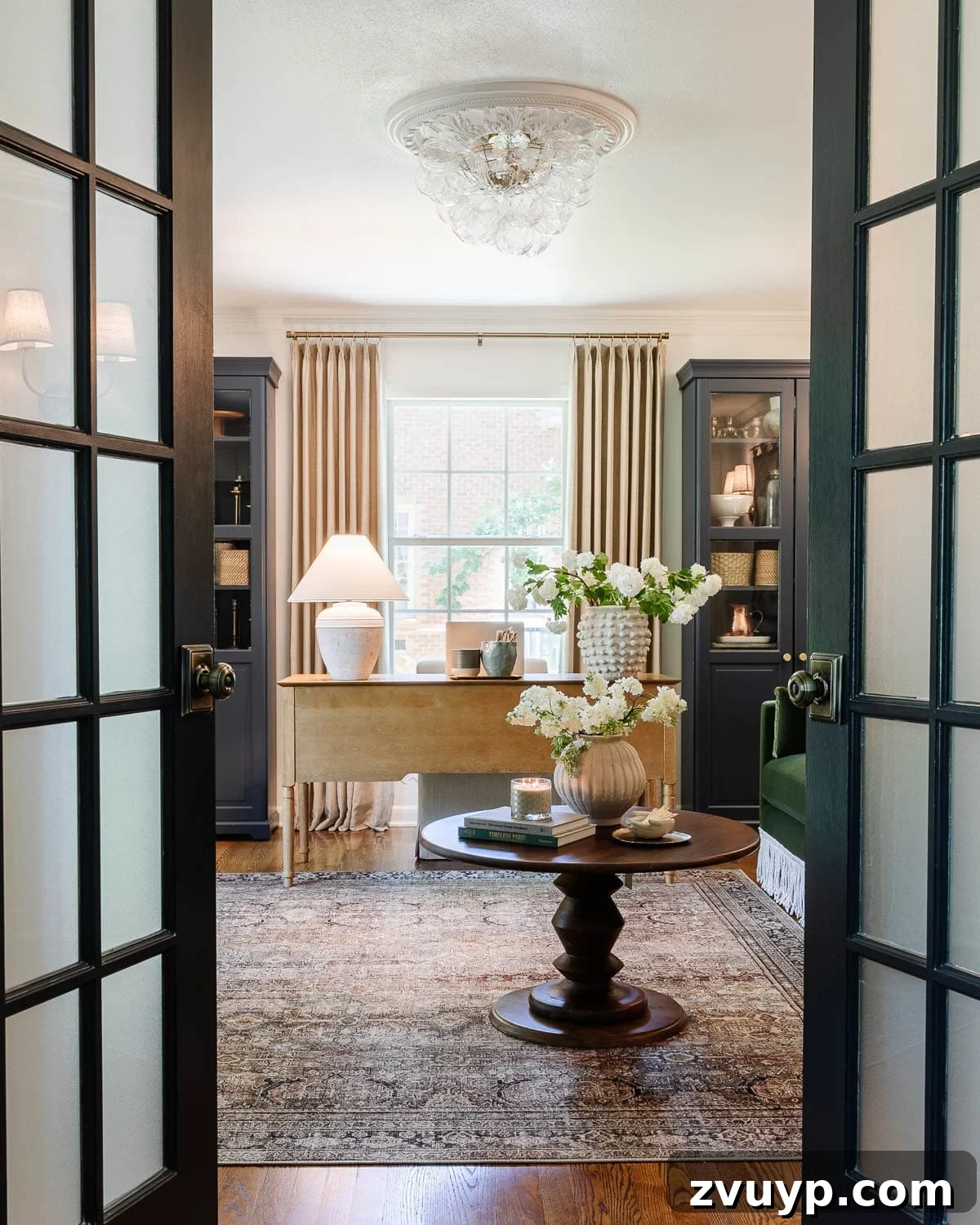 Power Up Your Productivity: Smart Home Office Layouts 14 A meticulously arranged home office furniture layout, optimized for welcoming clients with comfort and professionalism.