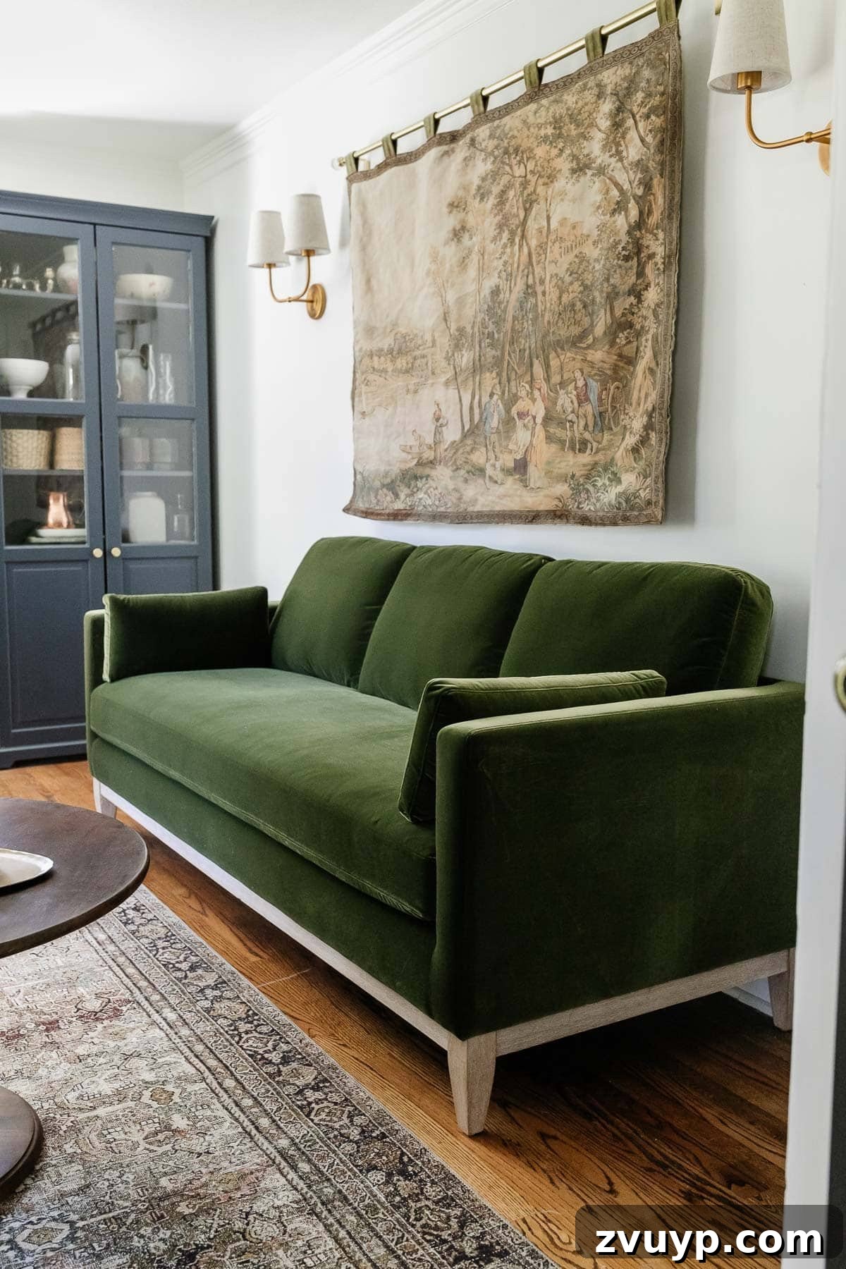 Instant Chic: DIY Fringe Trim for Your Seating 2 modern farmhouse green velvet sofa in an office with new fringe trim