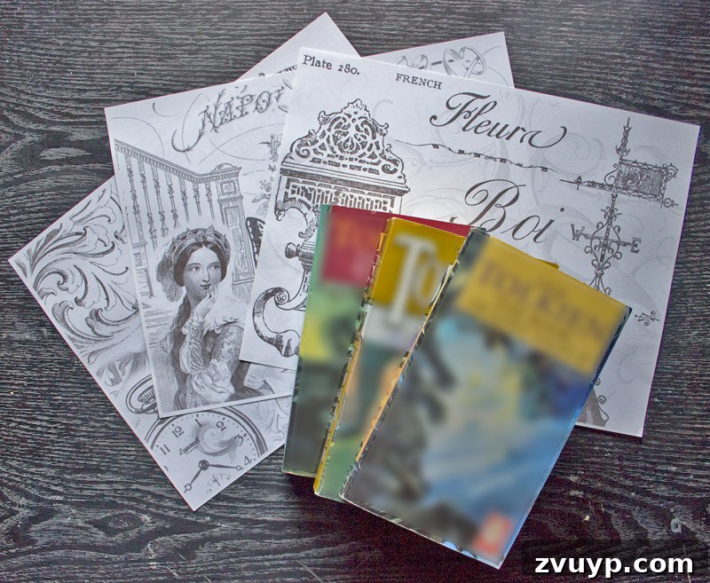 Printable book covers - Preparation step showing a book and printed collage sheets