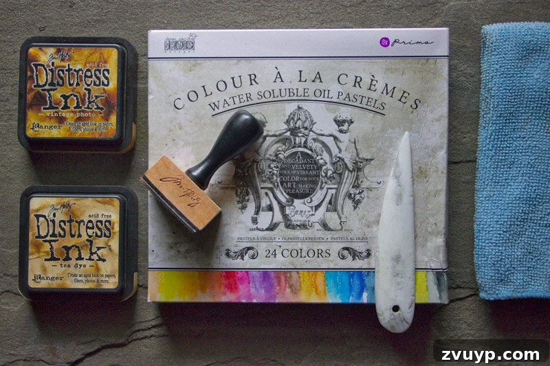 Supplies - Distress Inks and Oil Pastels for aging and coloring