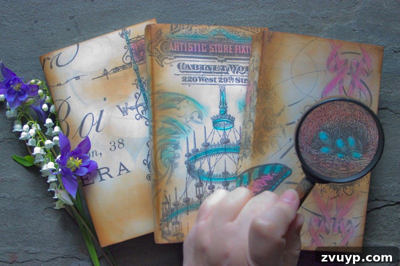 Vintage style Journal covers - Close-up detail of a bird nest on a book cover