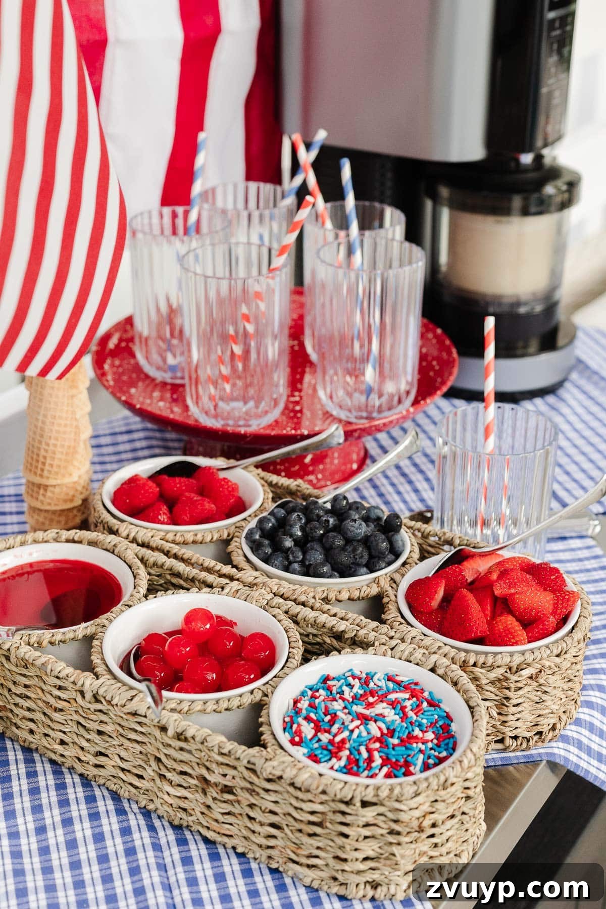 Effortless Patriotic Ice Cream Sundae Bar 7 4th of July ice cream bar with red white and blue toppings
