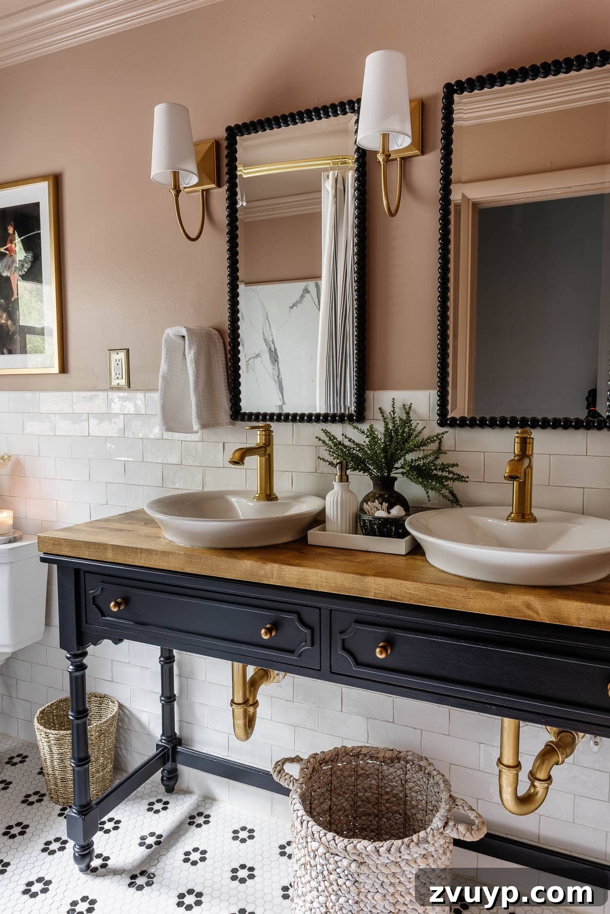 Four-Day Flip: Our Bathroom's Bold Black & Pink Reveal 6 black and pink bathroom with console table vanity and vessel sinks