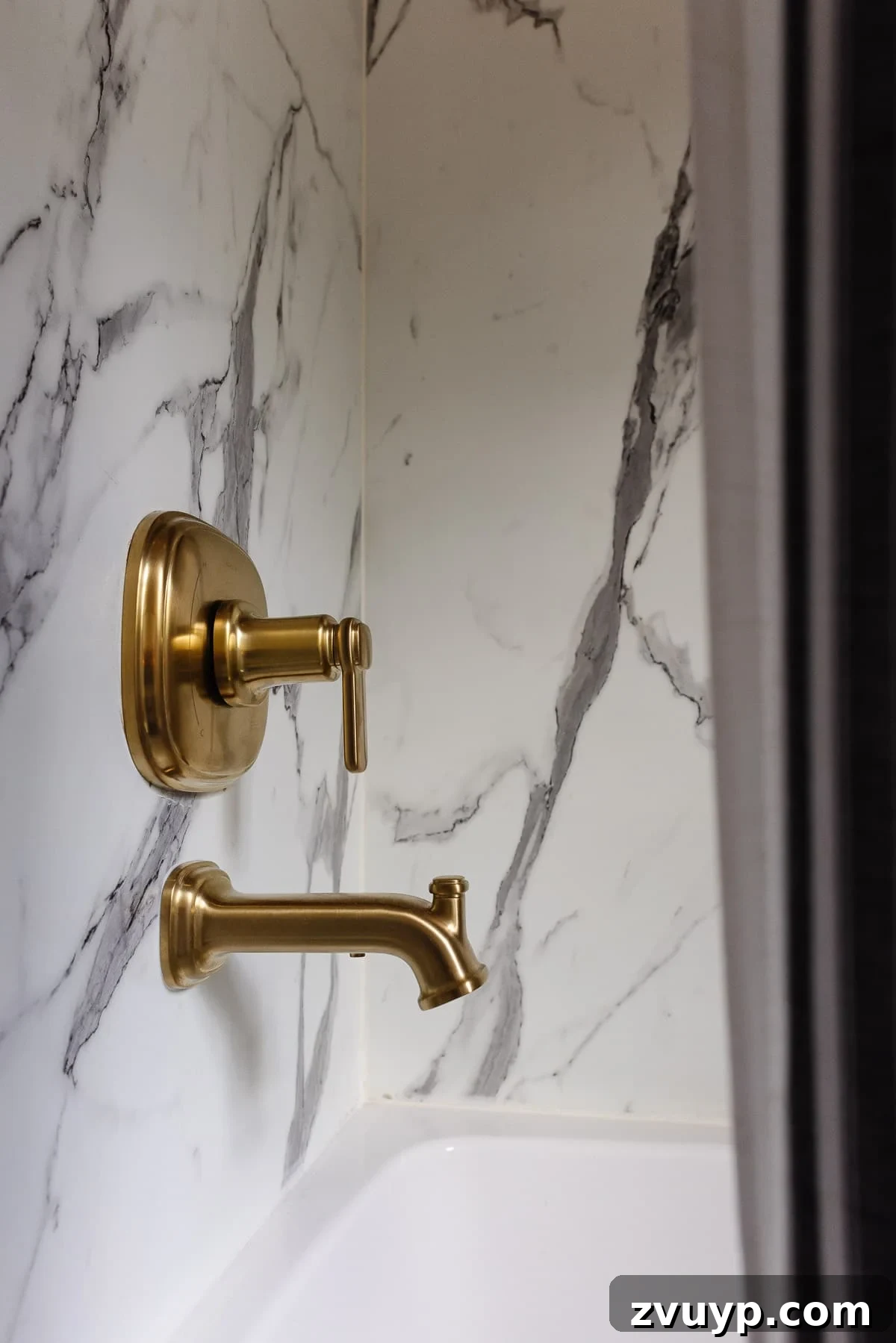 Four-Day Flip: Our Bathroom's Bold Black & Pink Reveal 9 faux marble shower surround with gold tub faucet