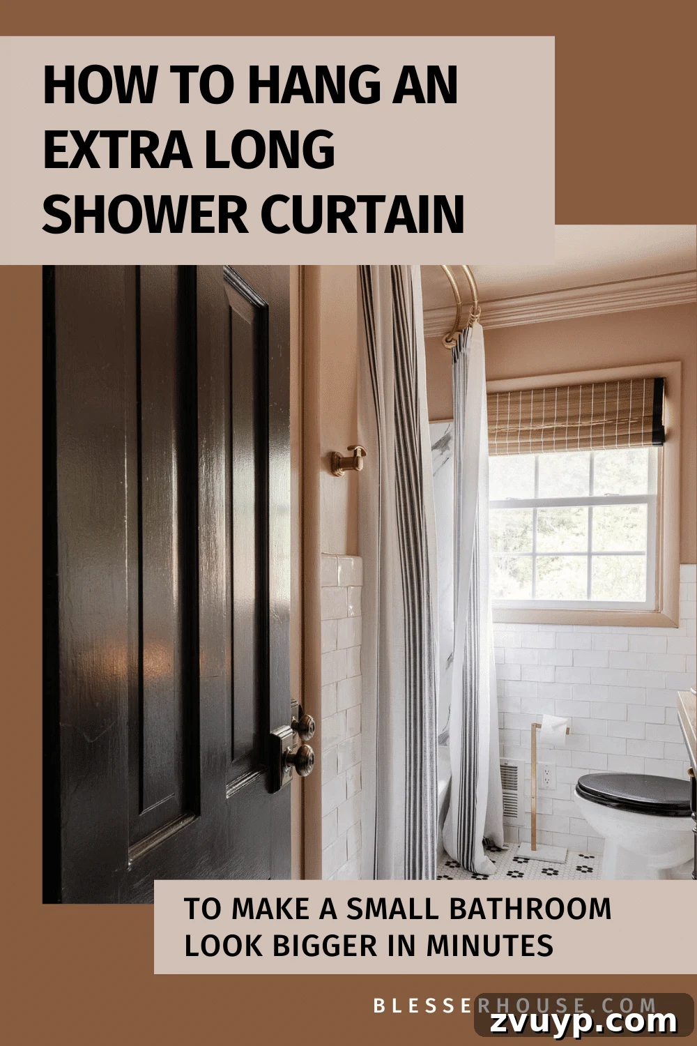 Hang Your Extra Long Shower Curtain Like a Pro 2 How to hang an extra long shower curtain to make a small bathroom look bigger, showing a stylish black and pink bathroom with a high-hung curtain.