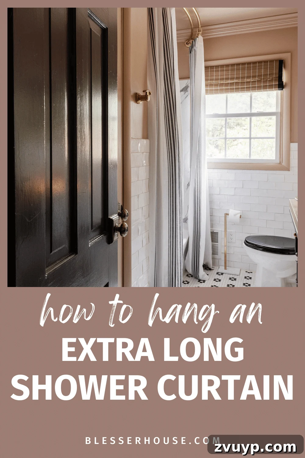 Hang Your Extra Long Shower Curtain Like a Pro 10 Another perspective of an extra long shower curtain installed high to make a small bathroom look bigger, emphasizing the vertical lines and elegant drape.