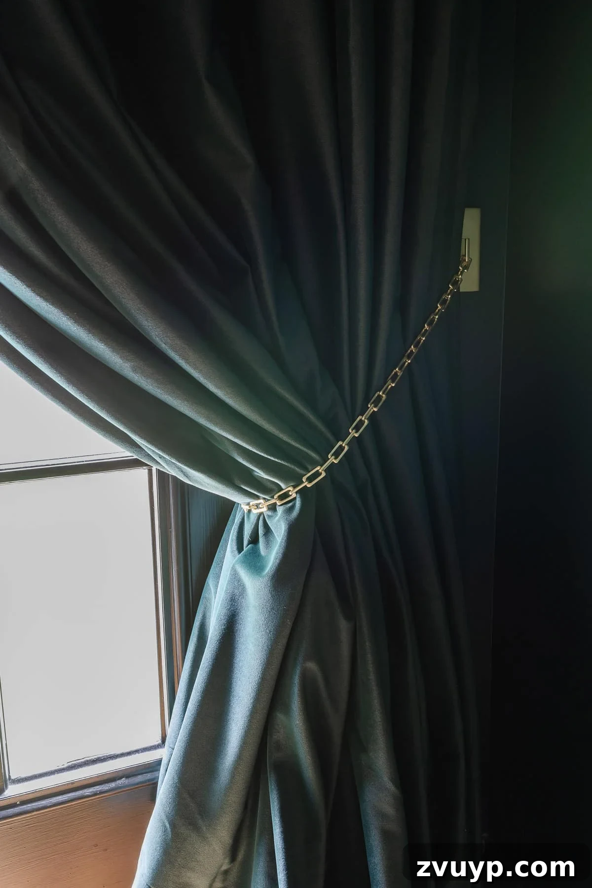 Styling Single Panel Drapes & Home Theater Curtains 7 gold chain curtain tieback
