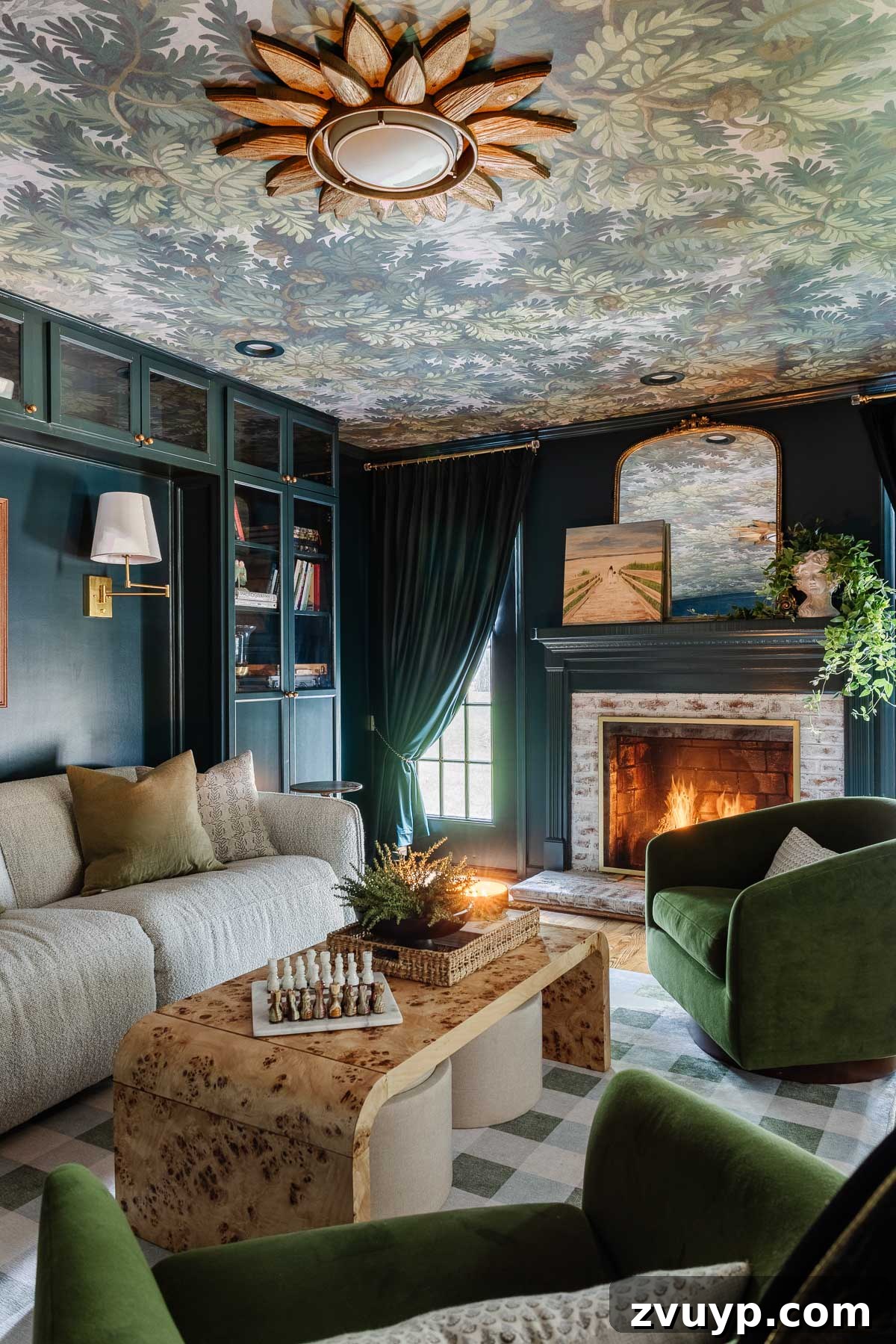 Styling Single Panel Drapes & Home Theater Curtains 8 pull back drapes in a home theater room with recliner sofa and fireplace