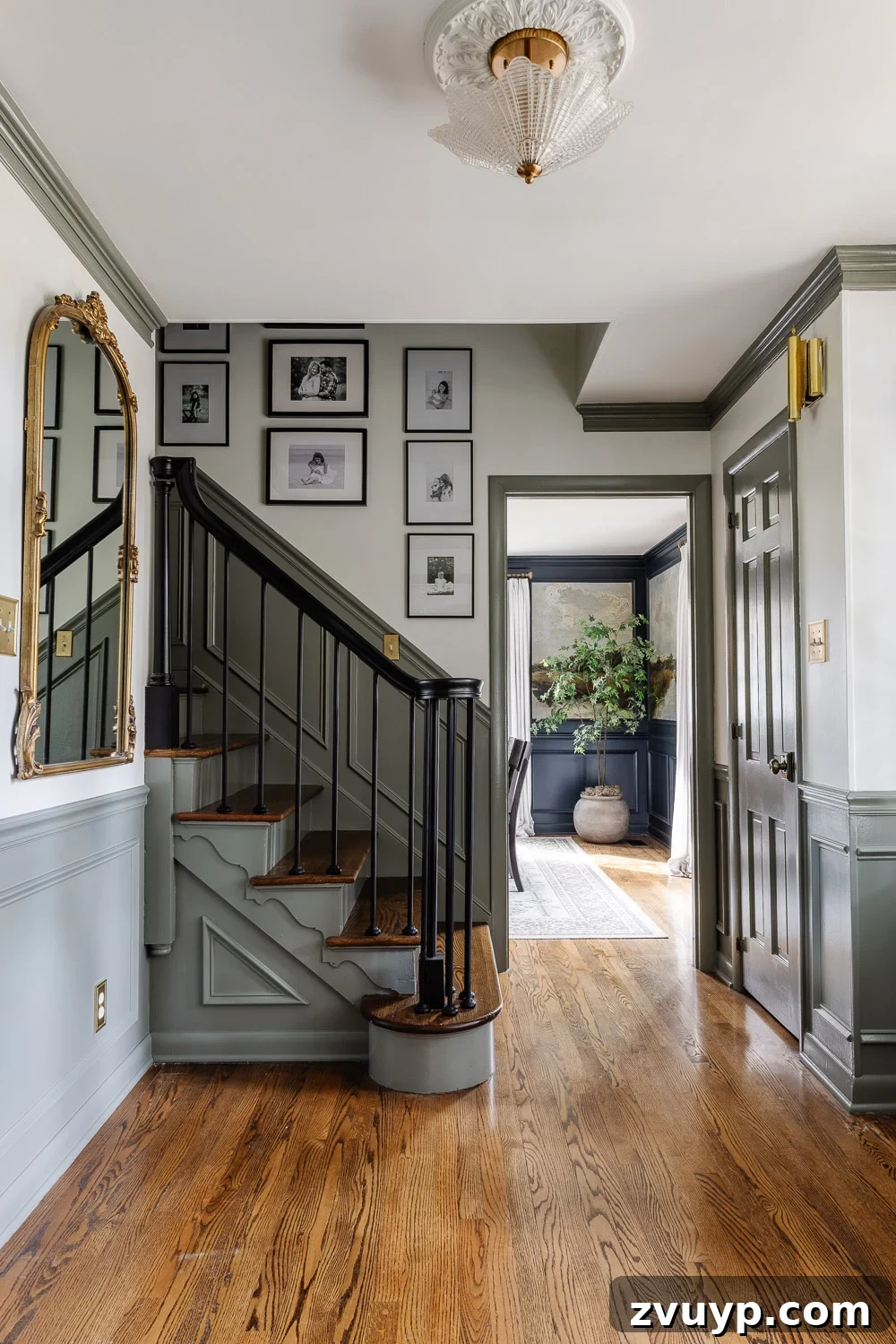 The Ultimate Green Gray Paint Discovery 2 foyer painted in Sherwin Williams Willowleaf, a perfect green gray