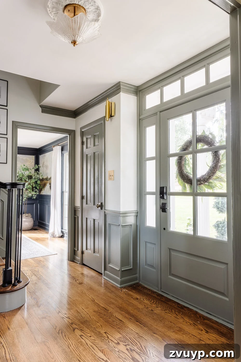 The Ultimate Green Gray Paint Discovery 5 front door painted green gray Sherwin Williams Willowleaf