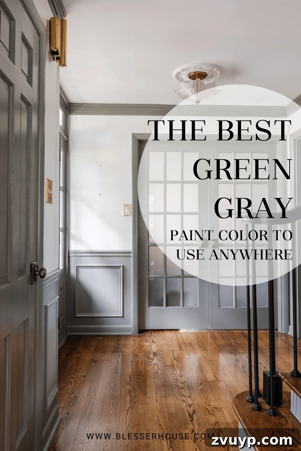 The Ultimate Green Gray Paint Discovery 6 Pin this image for later: green gray paint color Sherwin Williams Willowleaf in a stylish foyer