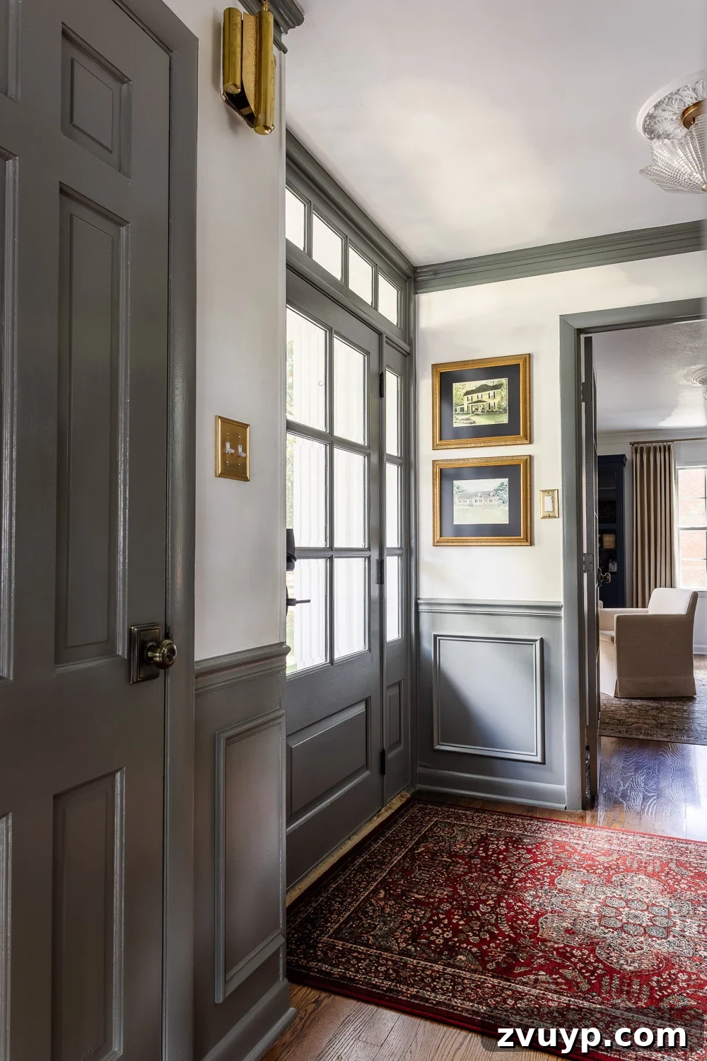 High Impact Foyer Decor for Under 300 5 front door painted green gray in a foyer with unexpected red theory in a rug