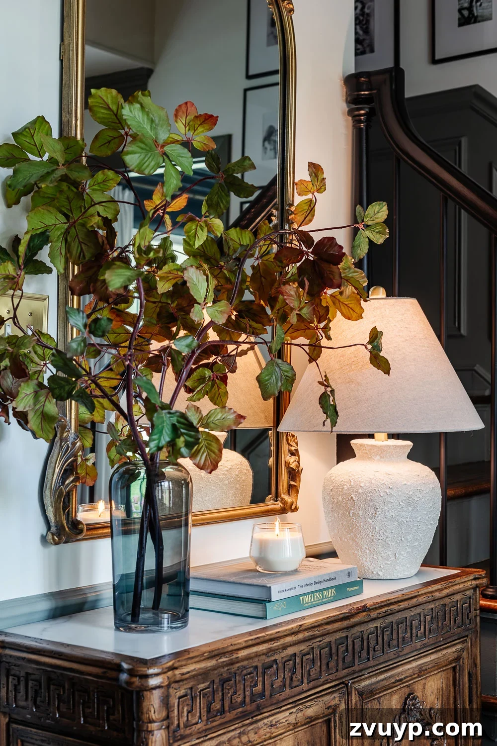 High Impact Foyer Decor for Under 300 8 vase of tall fall stems on entryway table credenza