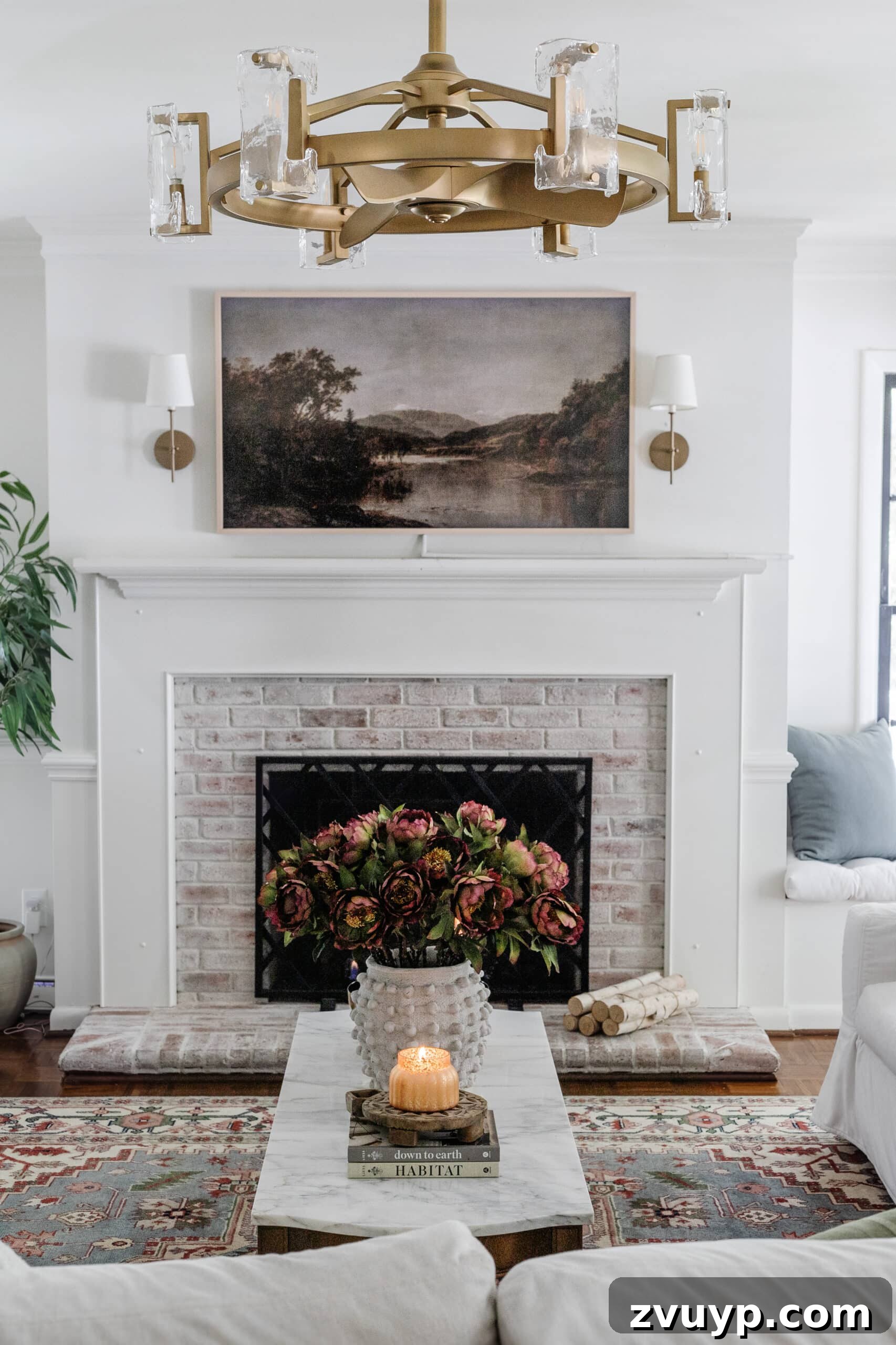Bundle of logs on a fireplace hearth for fall decor, adding rustic texture and warmth.