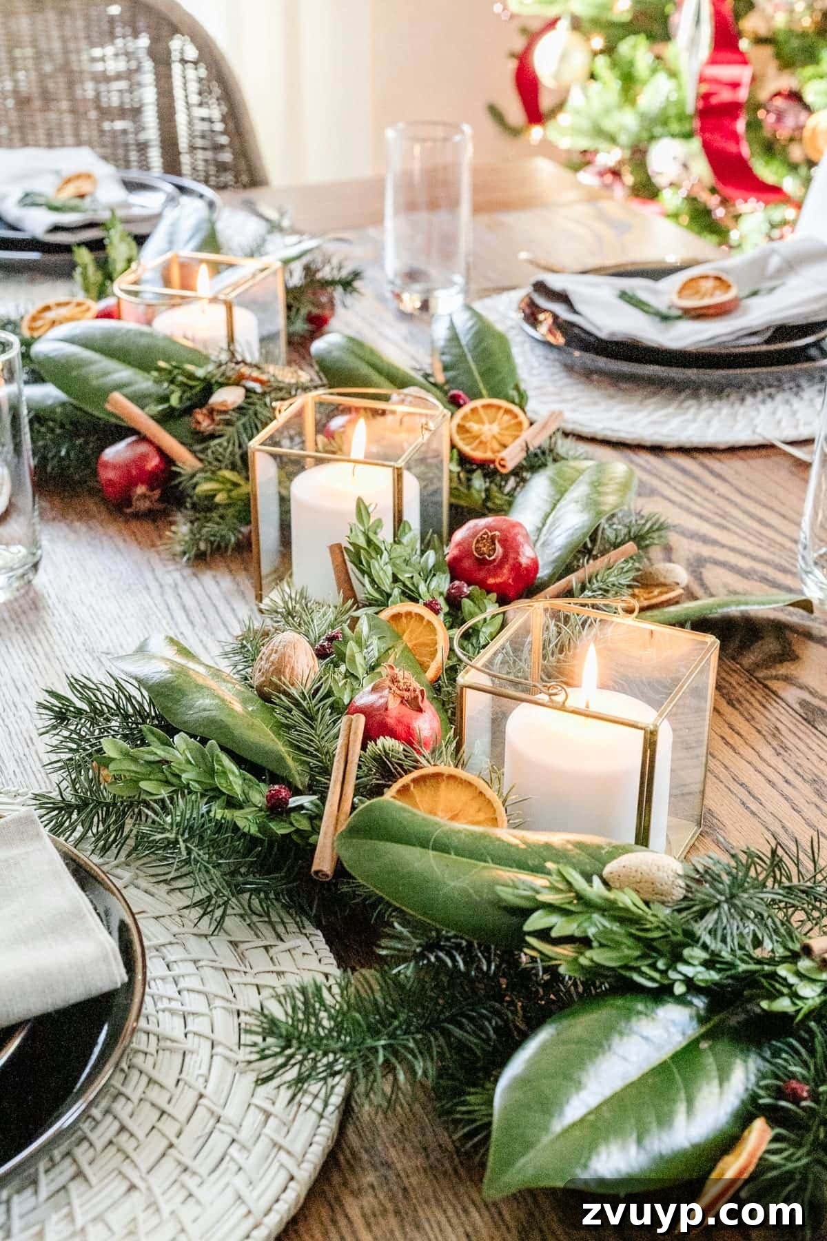18 Charming Natural Christmas Decorations You Can Make 5 A festive natural Christmas decor centerpiece on a dining table, featuring cinnamon sticks.