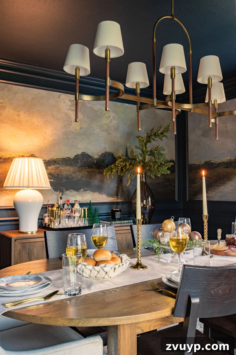 Effortless Holiday Dining Room Styling 3 navy blue dining room decorated for Christmas with mural walls