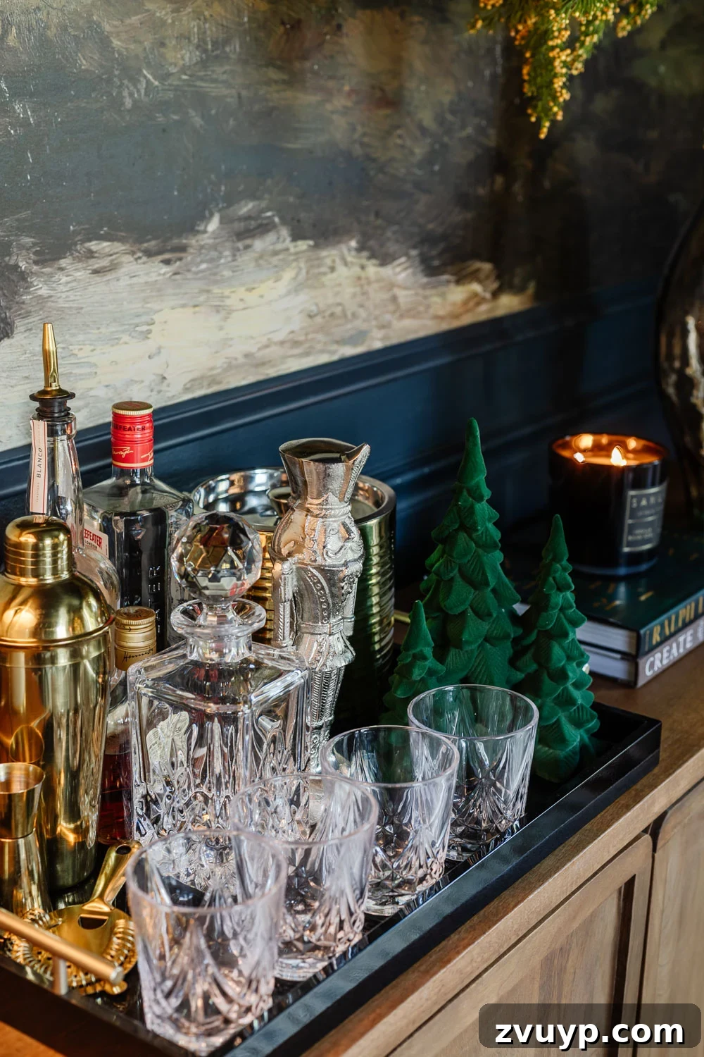 Effortless Holiday Dining Room Styling 5 bar tray on a sideboard decorated for Christmas