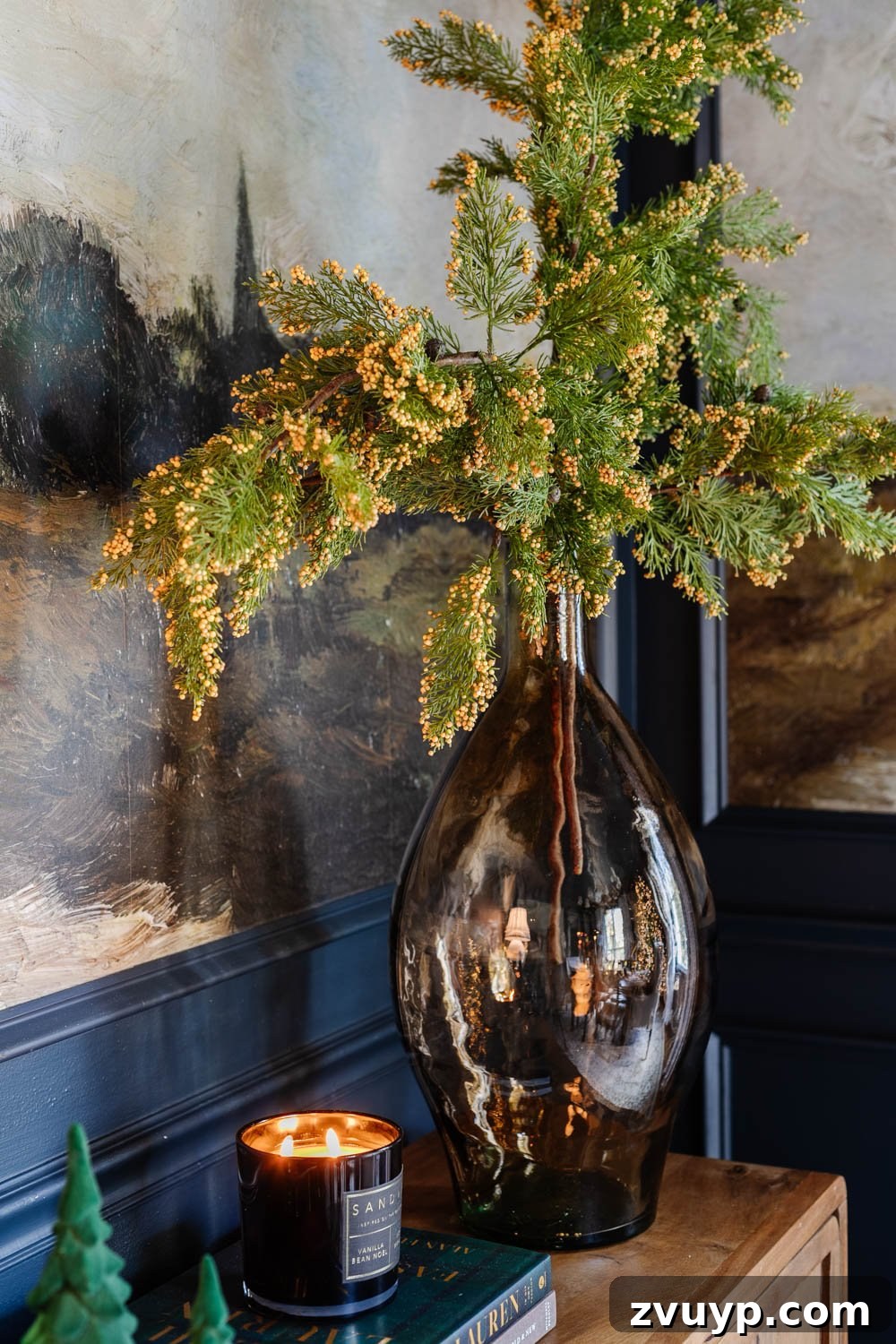 Effortless Holiday Dining Room Styling 6 vase of Christmas greenery on dining room sideboard