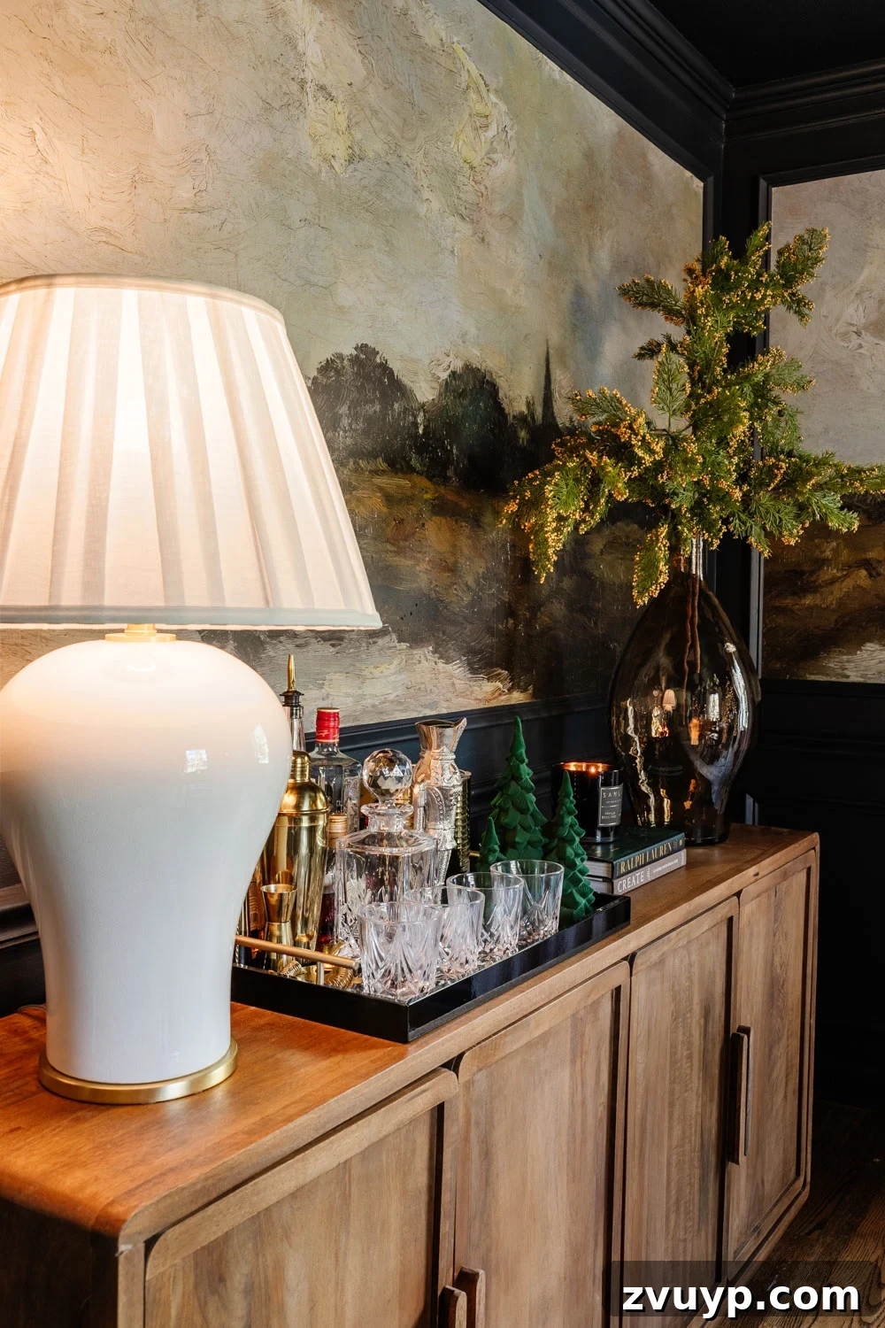 Effortless Holiday Dining Room Styling 7 Christmas sideboard with bar tray