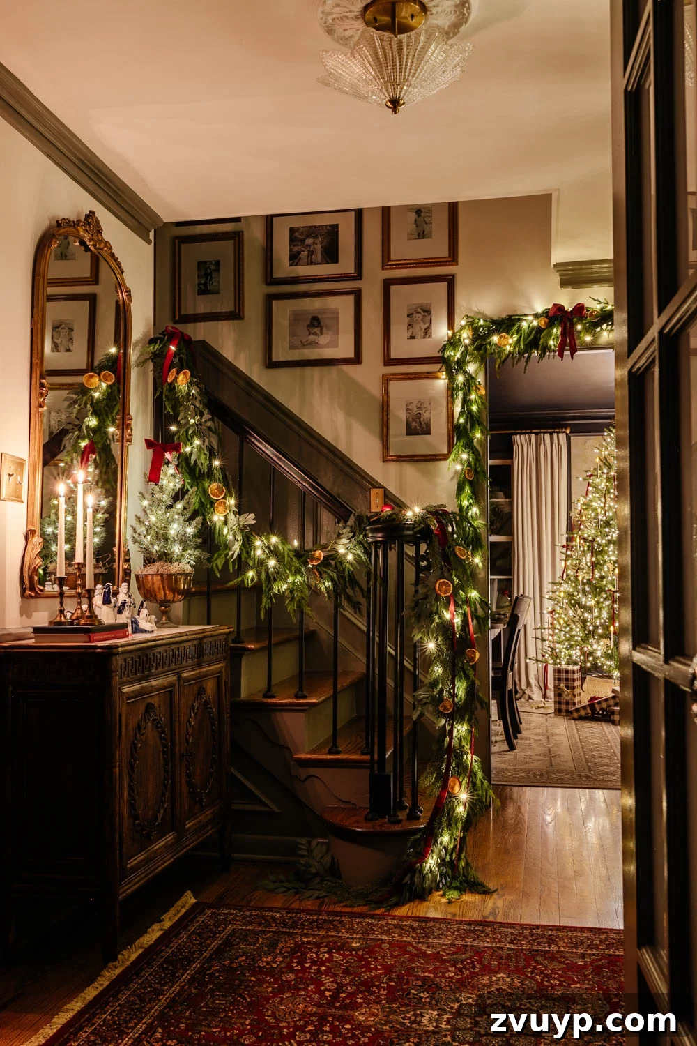 Flickering Lights Virtual Christmas Home Experience 2024 2 traditional candlelight Christmas night tour in entryway with nativity