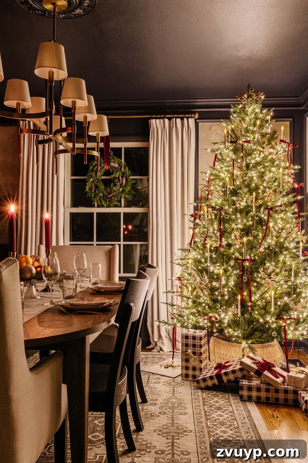 Flickering Lights Virtual Christmas Home Experience 2024 11 dining room Christmas tree at night in candlelight
