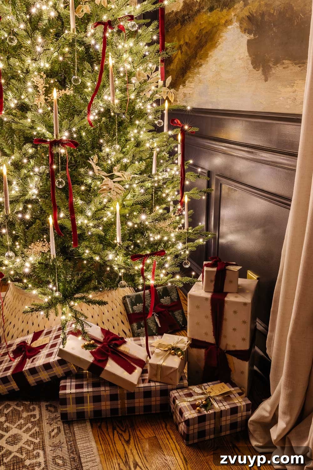 Flickering Lights Virtual Christmas Home Experience 2024 12 gifts under a Christmas tree at night in candlelight